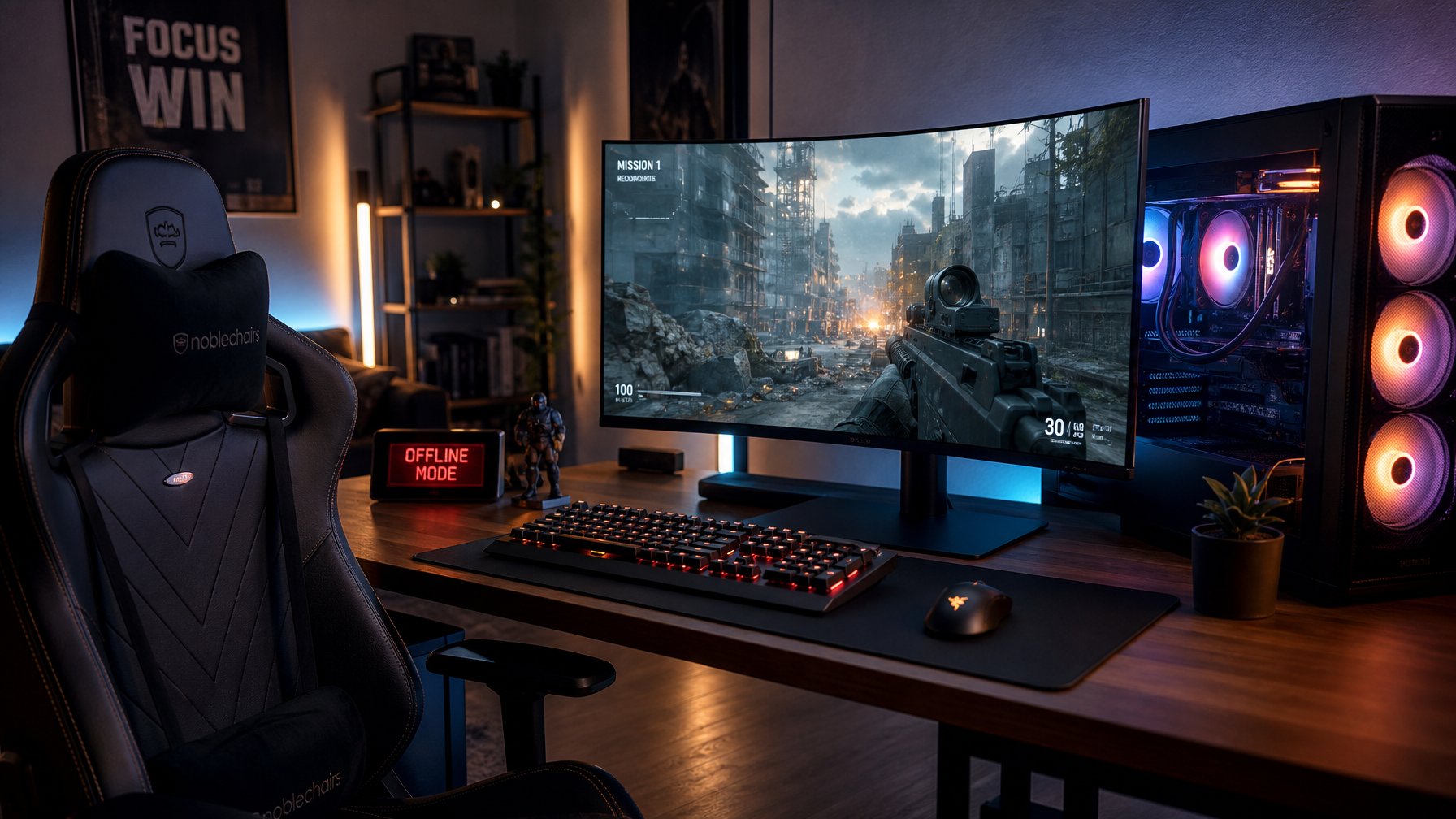 Sebuah setup gaming modern dengan komputer, monitor, keyboard, dan kursi gaming di sebuah ruangan yang nyaman.