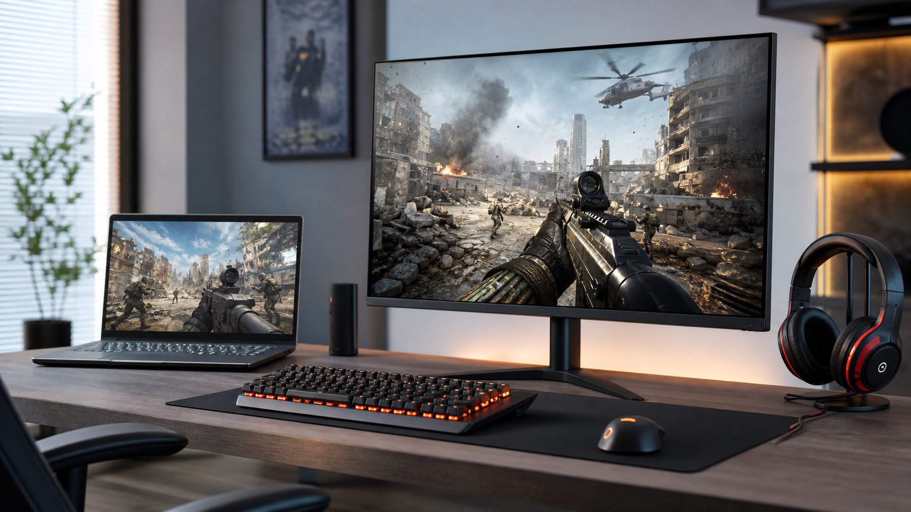 Sebuah meja dengan PC dan laptop yang menampilkan permainan tembak-menembak dari sudut pandang orang pertama, dilengkapi dengan aksesori gaming di sekitarnya.