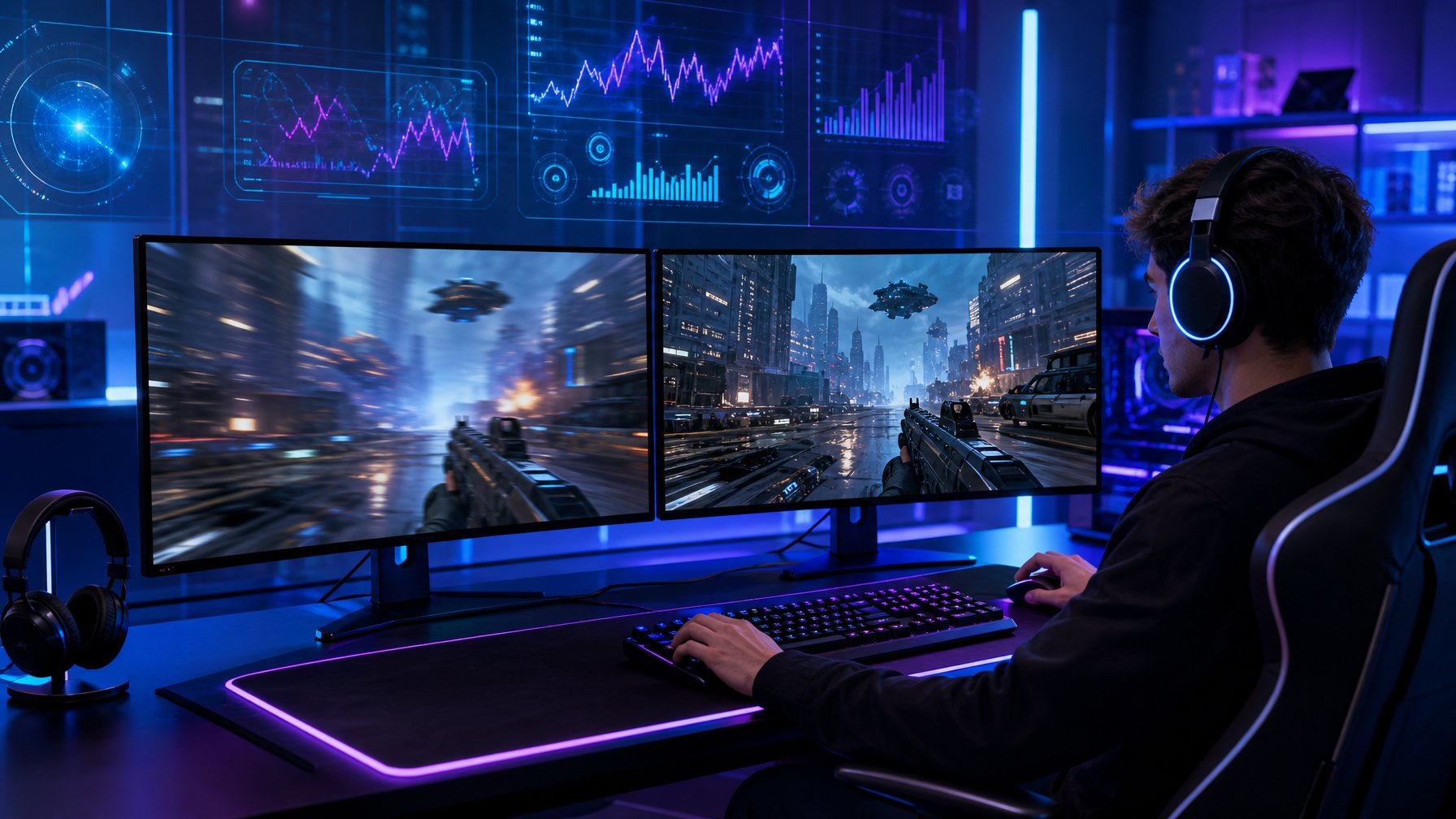 Seorang gamer sedang duduk di depan dua monitor yang menampilkan gameplay dengan kualitas berbeda, di sebuah ruangan gaming modern dengan pencahayaan biru dan ungu.