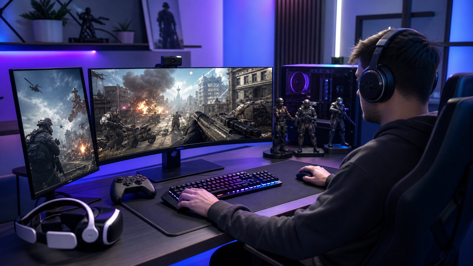 Seorang gamer sedang bermain game FPS di depan beberapa monitor dengan peralatan gaming modern di sebuah ruangan minimalis.