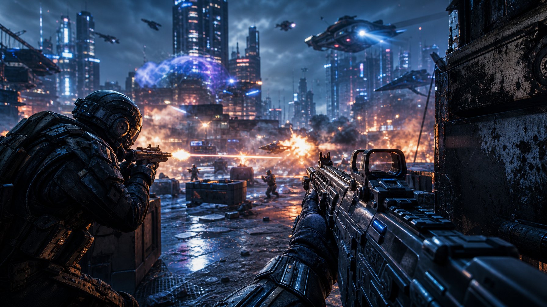 Seorang pemain game FPS futuristik dengan perlengkapan tempur canggih sedang bertarung di kota futuristik yang penuh ledakan dan lampu neon.