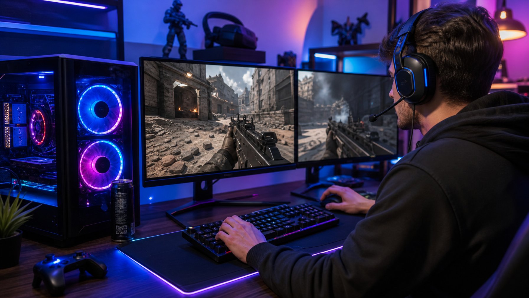 Seorang gamer muda fokus bermain game FPS di depan komputer dengan dua monitor dan perlengkapan gaming di meja.