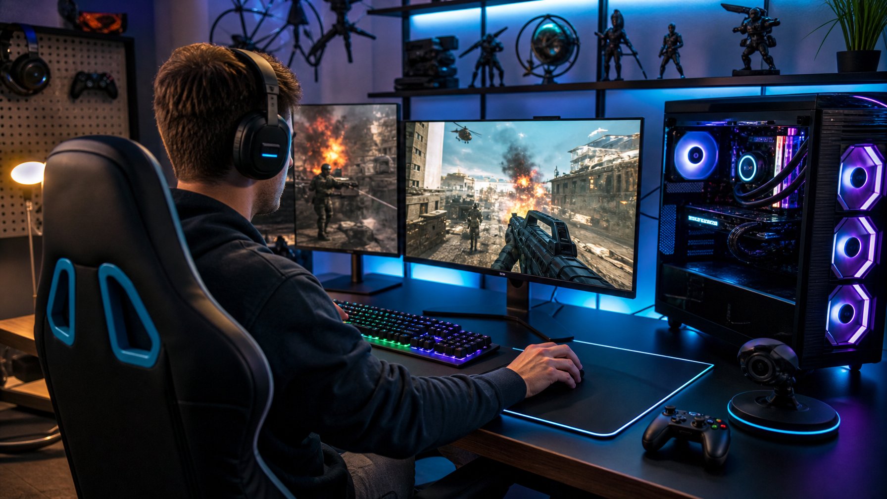 Seorang pemain game sedang fokus bermain FPS di komputer gaming dengan layar ganda dan peralatan gaming di meja.