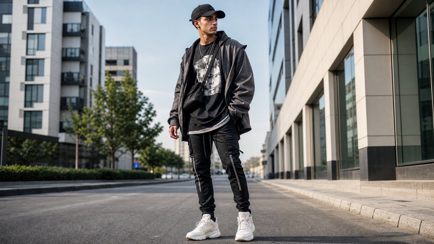 Seorang pria muda berdiri di jalan kota dengan pakaian streetwear modern, mengenakan jaket besar, kaos bergambar, celana ramping, dan sepatu trendi.