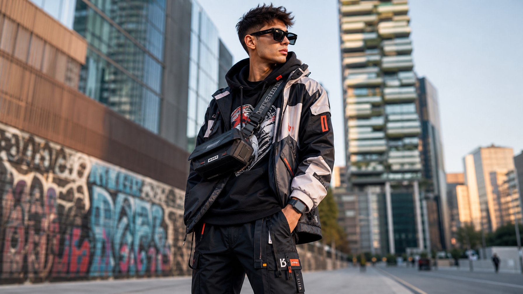 Seorang pria muda berdiri di lingkungan perkotaan dengan pakaian streetwear modern dan aksesori, latar belakang gedung dan seni grafiti.