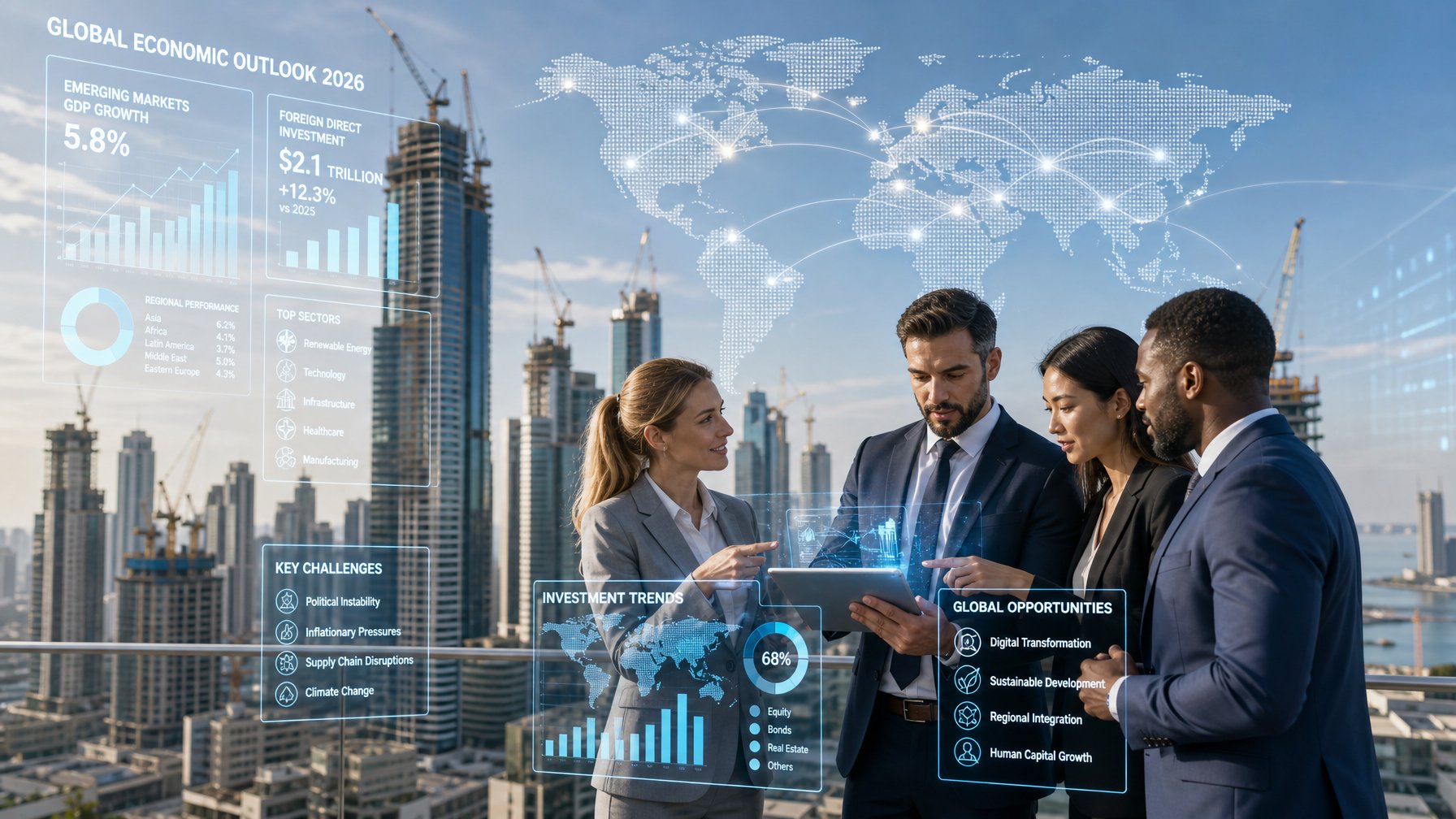 Sekelompok profesional bisnis berdiskusi di depan latar kota modern dengan gedung pencakar langit dan peta dunia yang menunjukkan koneksi bisnis global.
