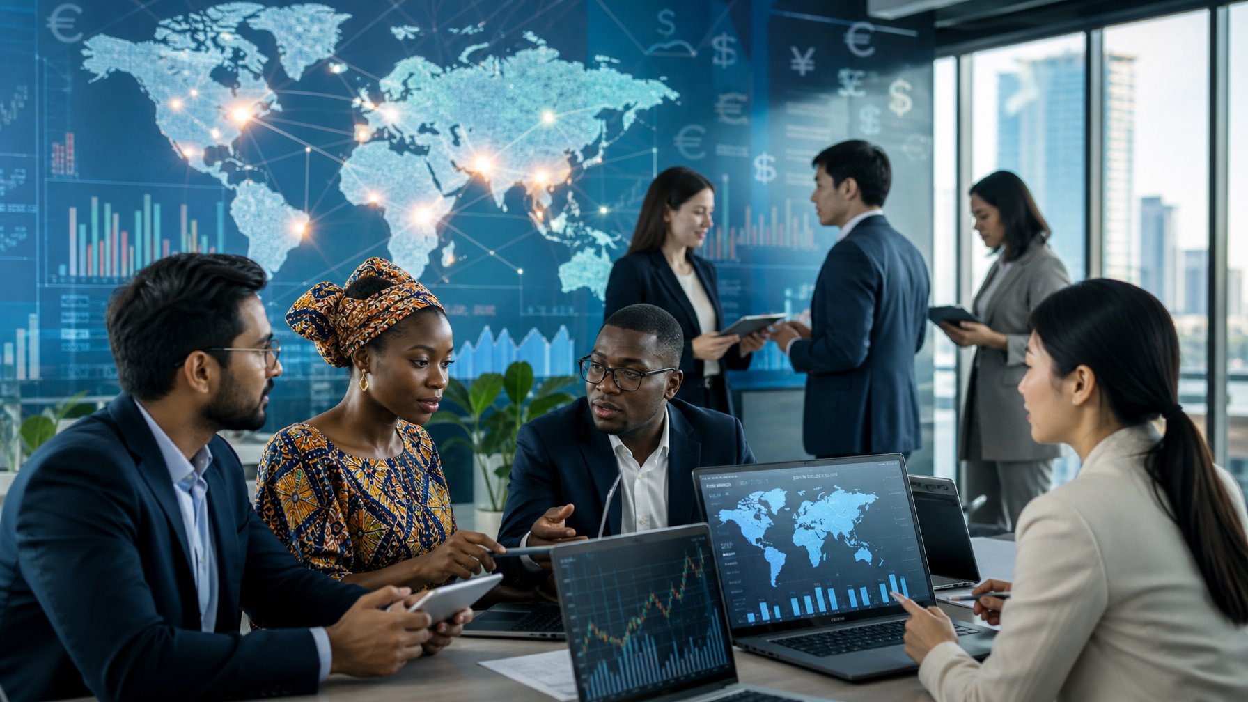 Sekelompok profesional bisnis dari Asia, Afrika, dan Amerika Latin berdiskusi di kantor modern dengan peta dunia yang menyoroti wilayah mereka di latar belakang.