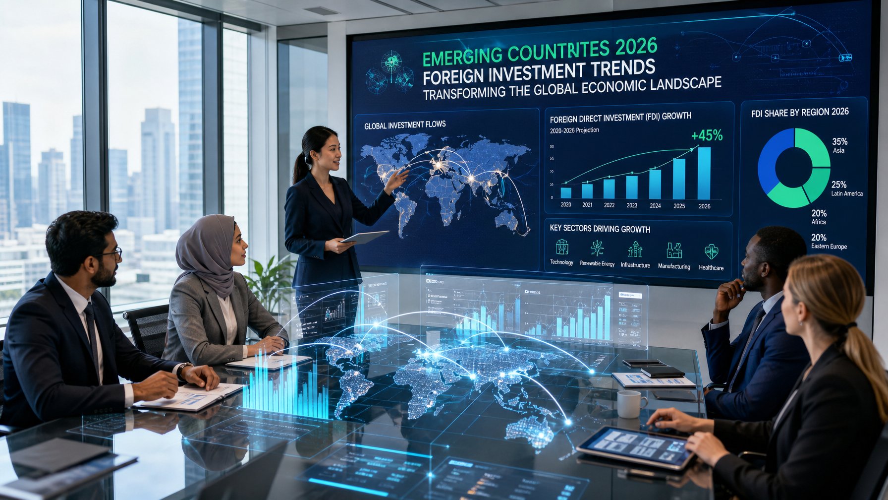 Sekelompok profesional bisnis berdiskusi di kantor modern dengan layar digital menampilkan peta dunia dan data ekonomi.