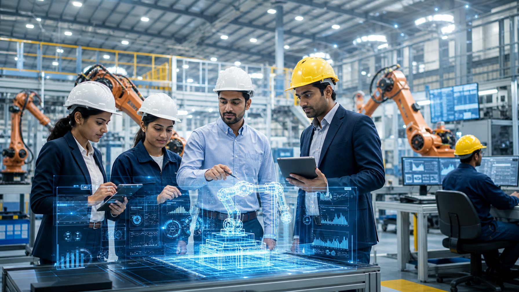 Sekelompok insinyur dan teknisi bekerja di pabrik modern dengan mesin otomatis dan layar digital, menggambarkan kemajuan teknologi di sektor industri.