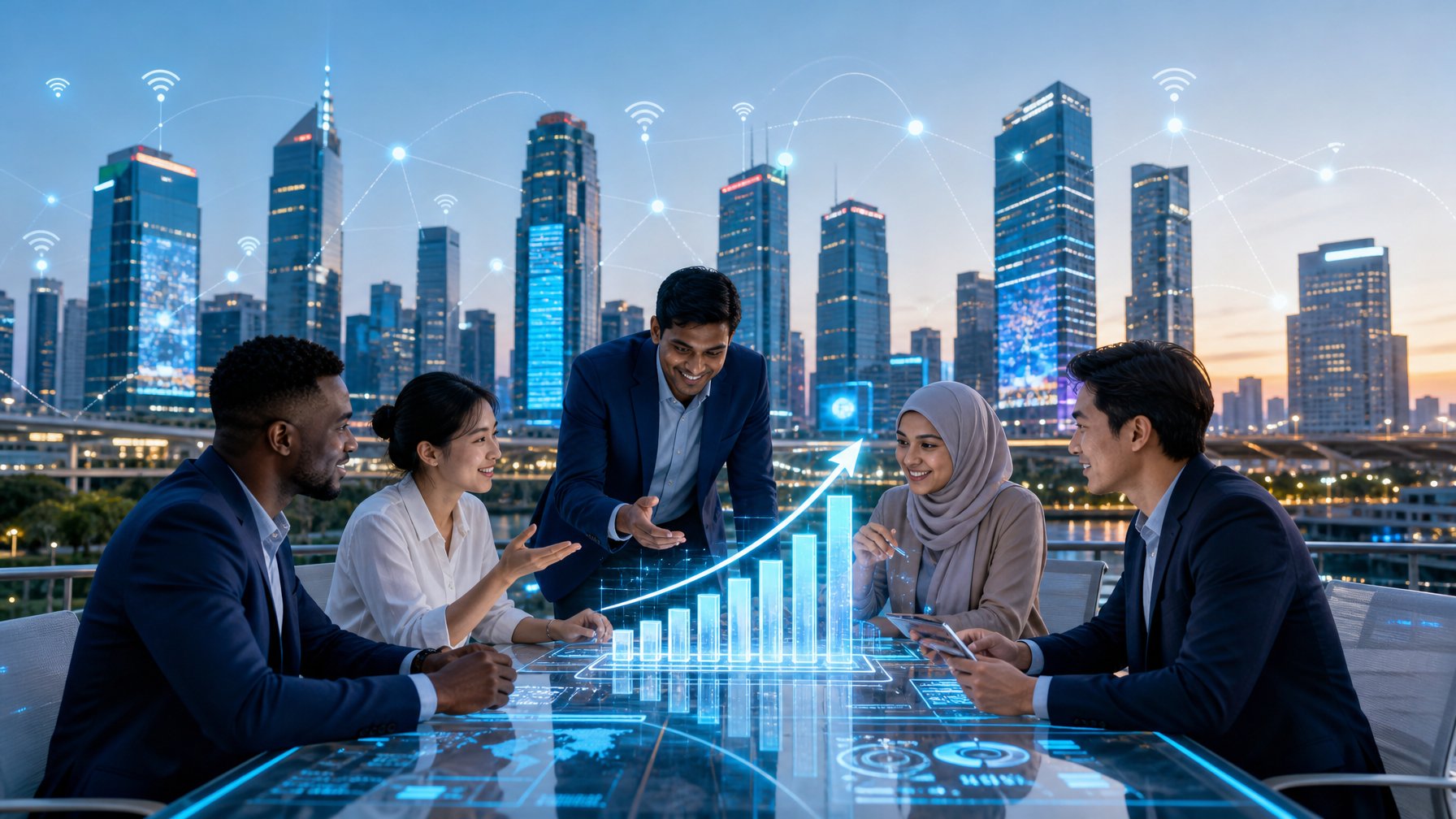 Para profesional bekerja bersama di lingkungan kota modern dengan teknologi digital dan grafik pertumbuhan ekonomi.