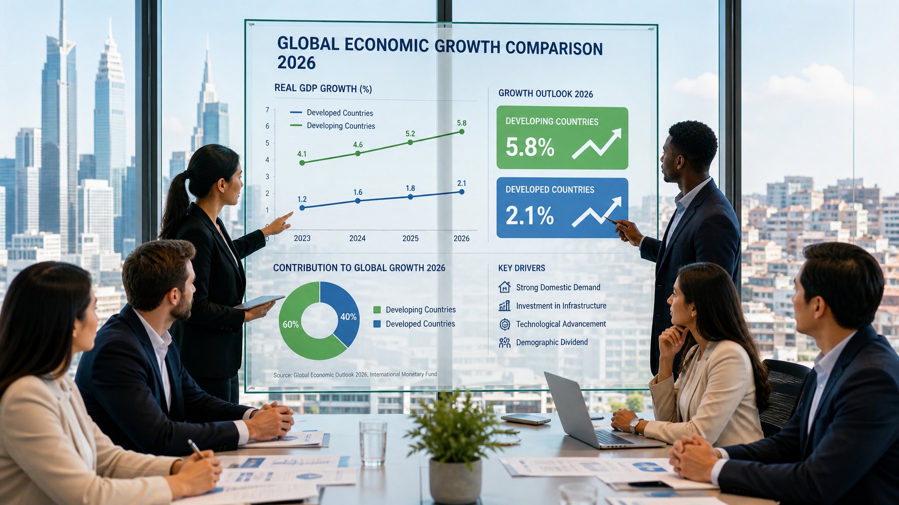 Sekelompok profesional bisnis sedang berdiskusi di ruang kantor dengan grafik pertumbuhan ekonomi di layar besar dan latar belakang pemandangan kota.