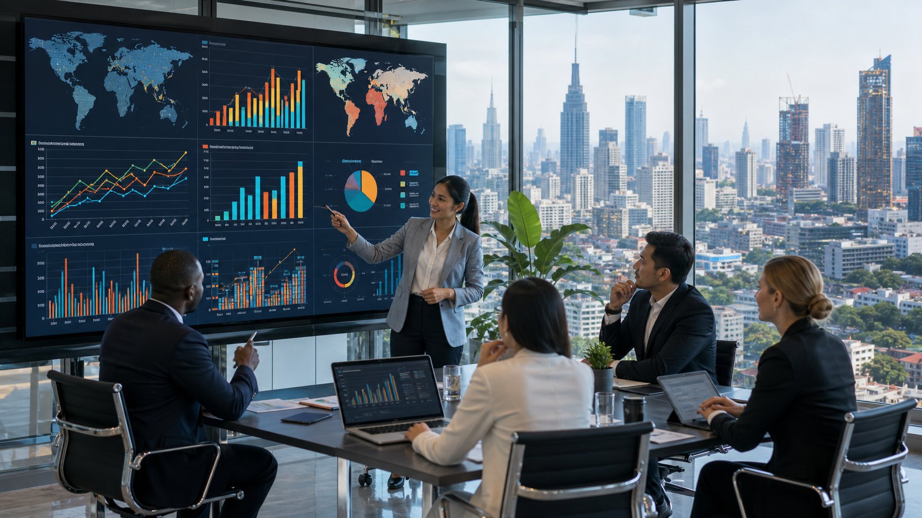 Sekelompok profesional bisnis sedang menganalisis grafik dan peta dunia di ruang kantor modern yang terang dengan pemandangan kota di latar belakang.