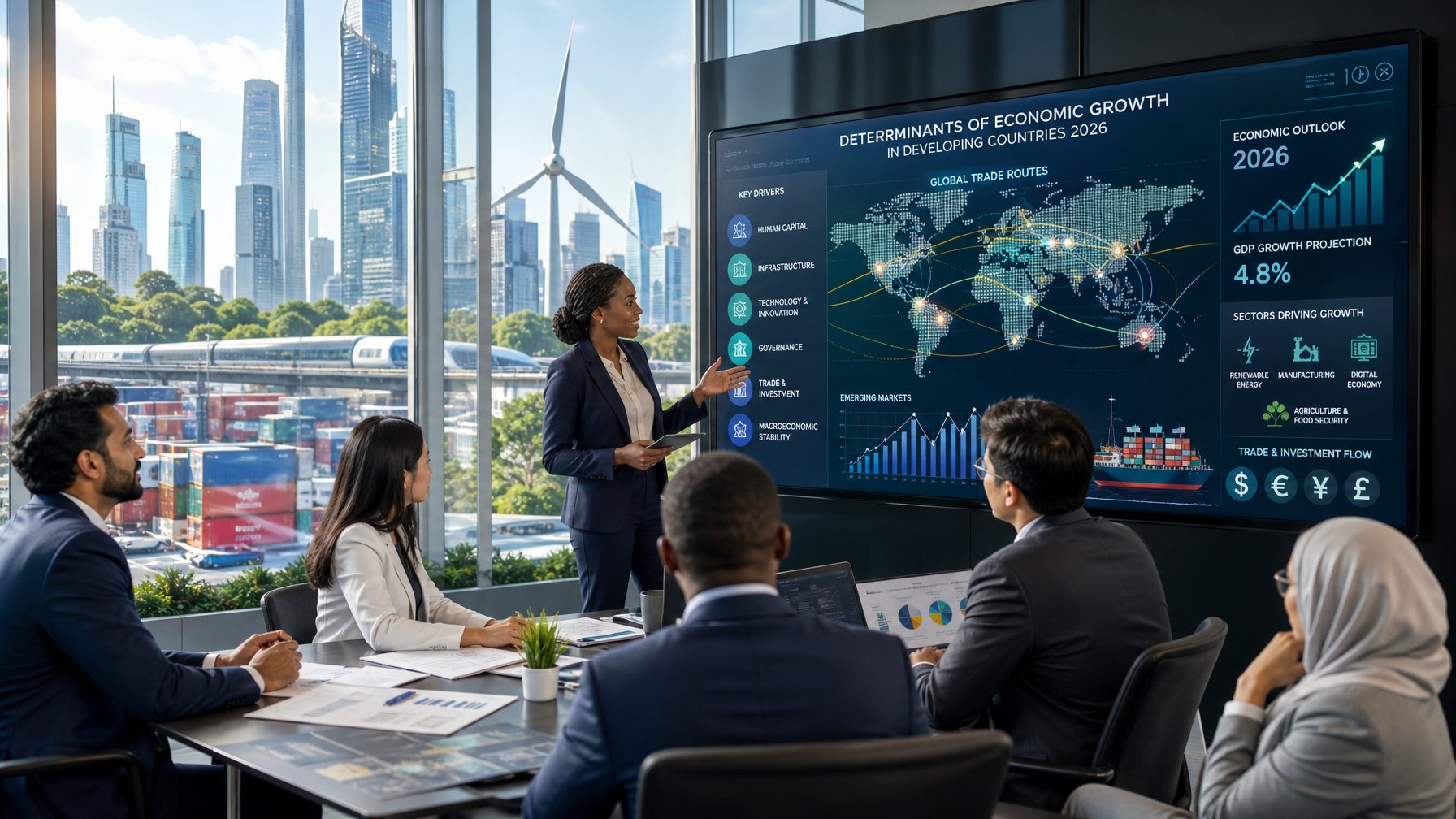 Sekelompok profesional berdiskusi di kantor modern dengan layar digital yang menampilkan grafik dan peta perdagangan global.