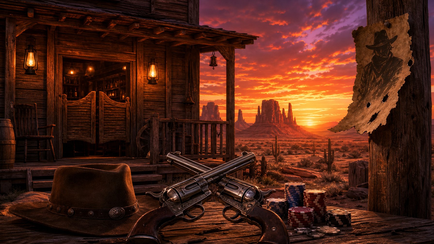A Wild West Desert Scene At Sunset With A Wooden Saloon, Crossed Revolvers On A Table, A Cowboy Hat, Poker Chips, A Torn Wanted Poster, And Rocky Mesas In The Background.