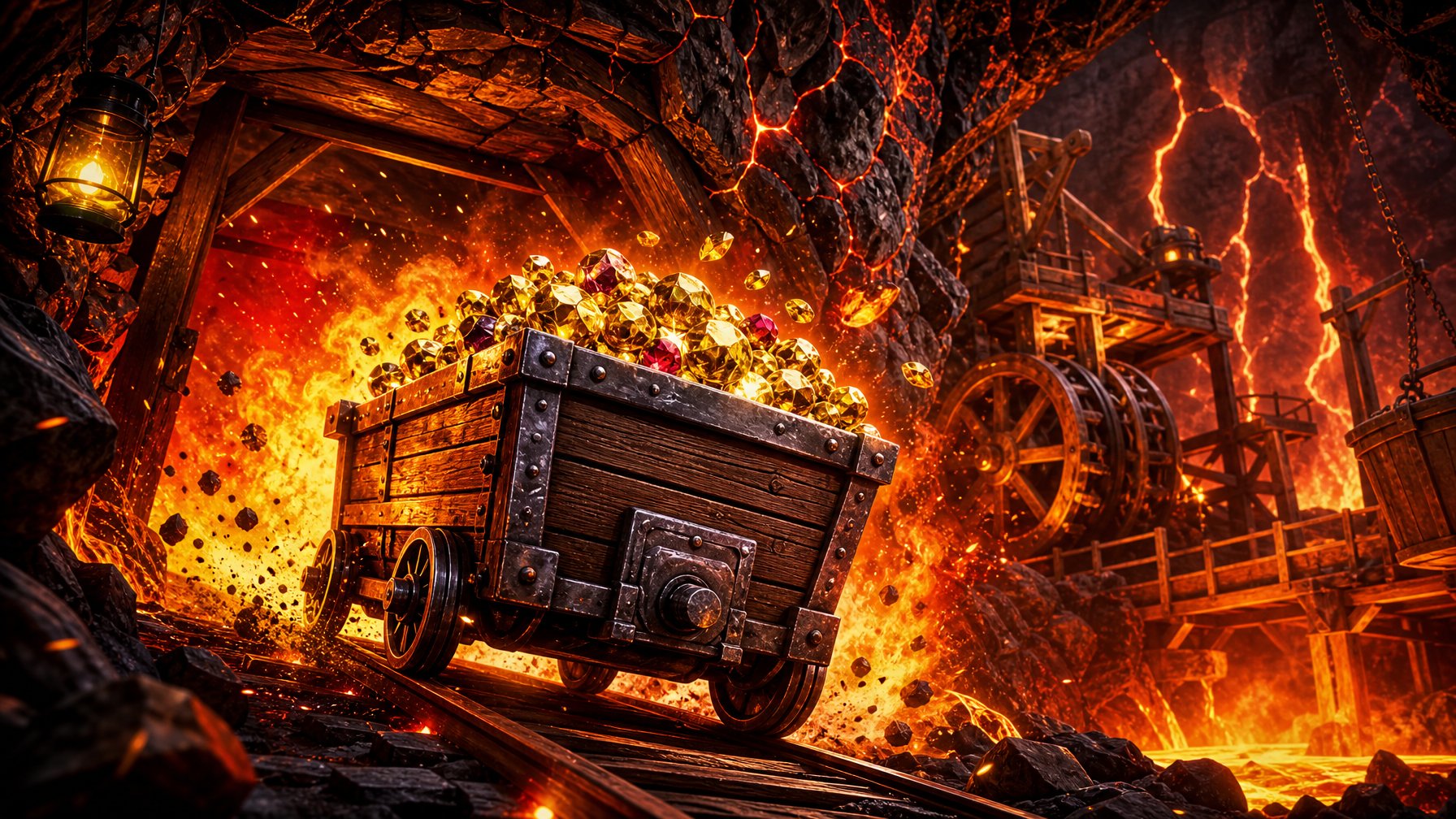 An Underground Mine Tunnel With A Wooden Cart Full Of Gold And Gems Bursting Through, Surrounded By Flames And Glowing Lava Cracks.