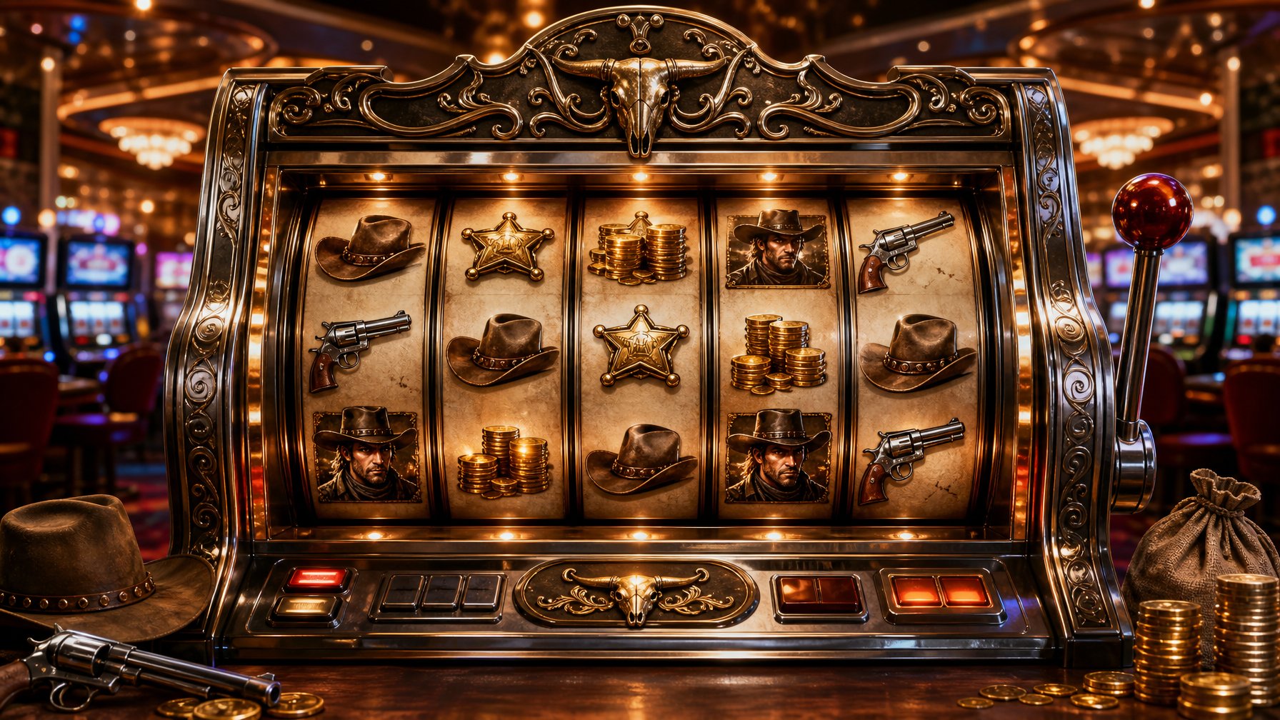A Slot Machine With Wild West Symbols Like Cowboy Hats And Sheriff Badges Spinning On The Reels In A Lively Casino Environment.
