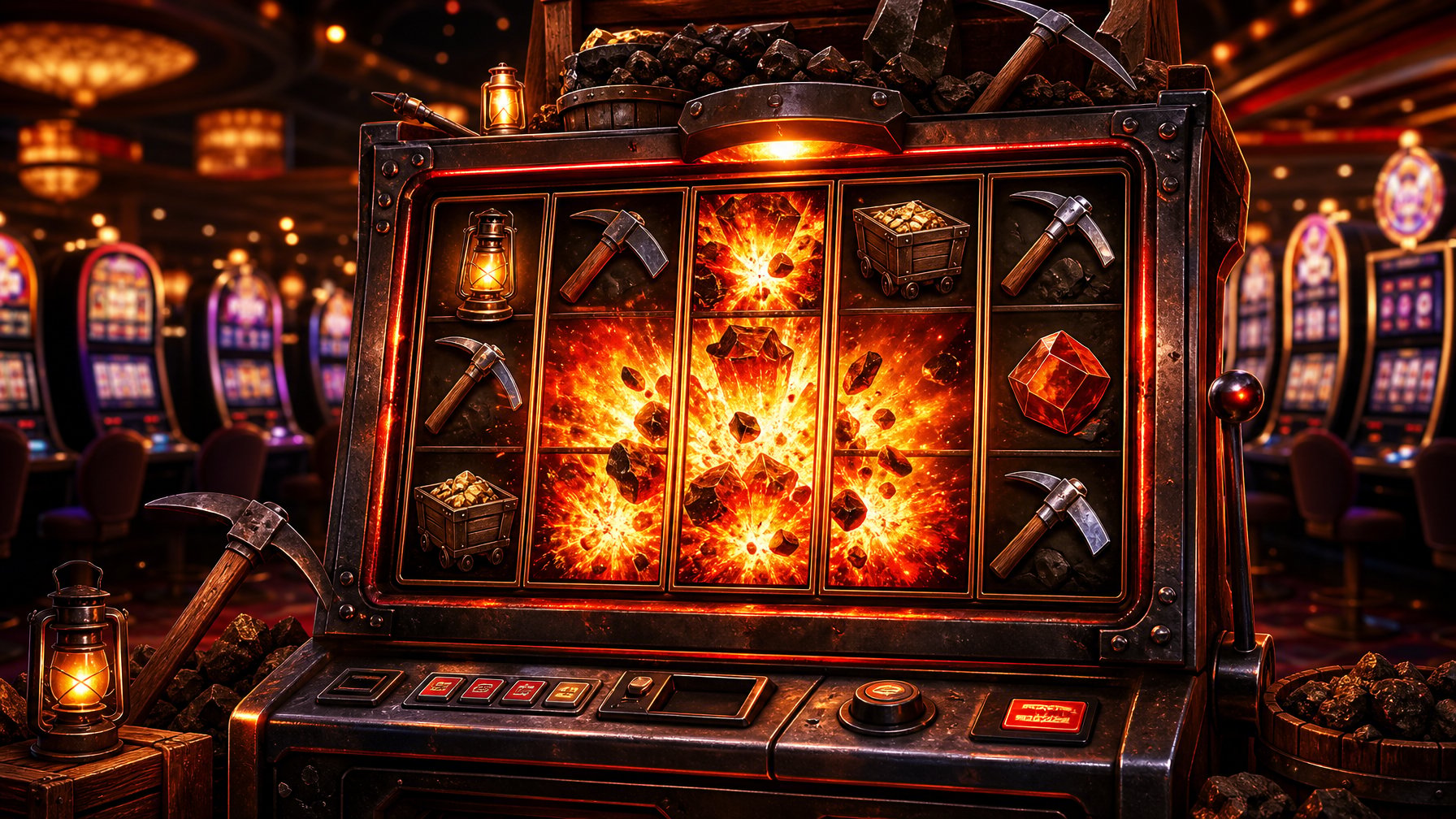 A Vibrant Slot Machine Surrounded By Flames And Mining Tools In A Casino Setting.
