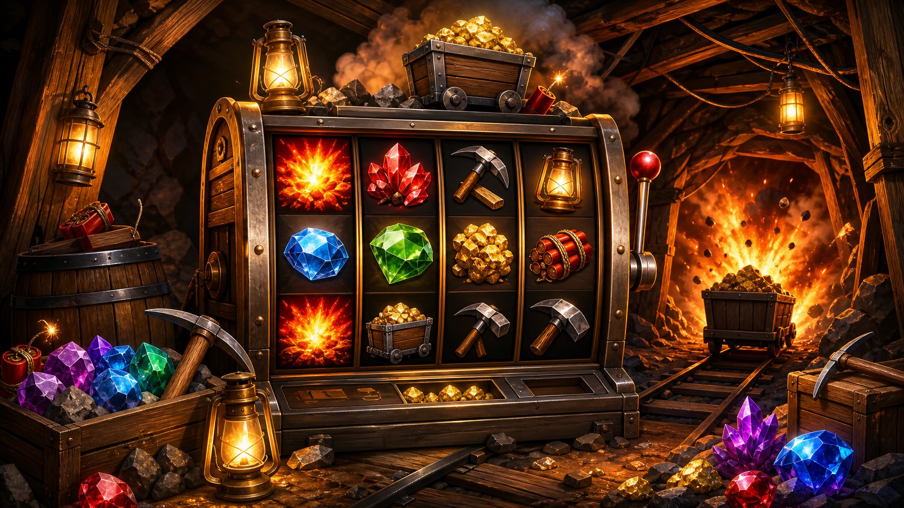 A Vibrant Underground Mine Scene Featuring A Slot Machine Surrounded By Glowing Gems, Lanterns, And Mining Tools With Bursts Of Fire And Smoke In The Background.