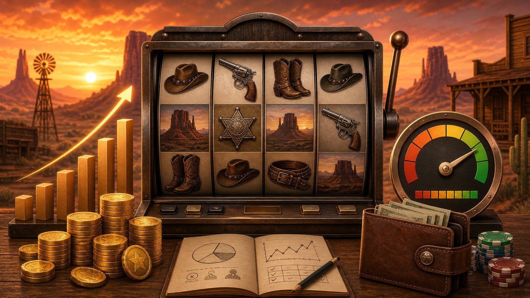 An Illustration Of A Slot Machine With Wild West Symbols, Surrounded By Coins, Charts, And A Wallet, Set Against A Desert Sunset Background.