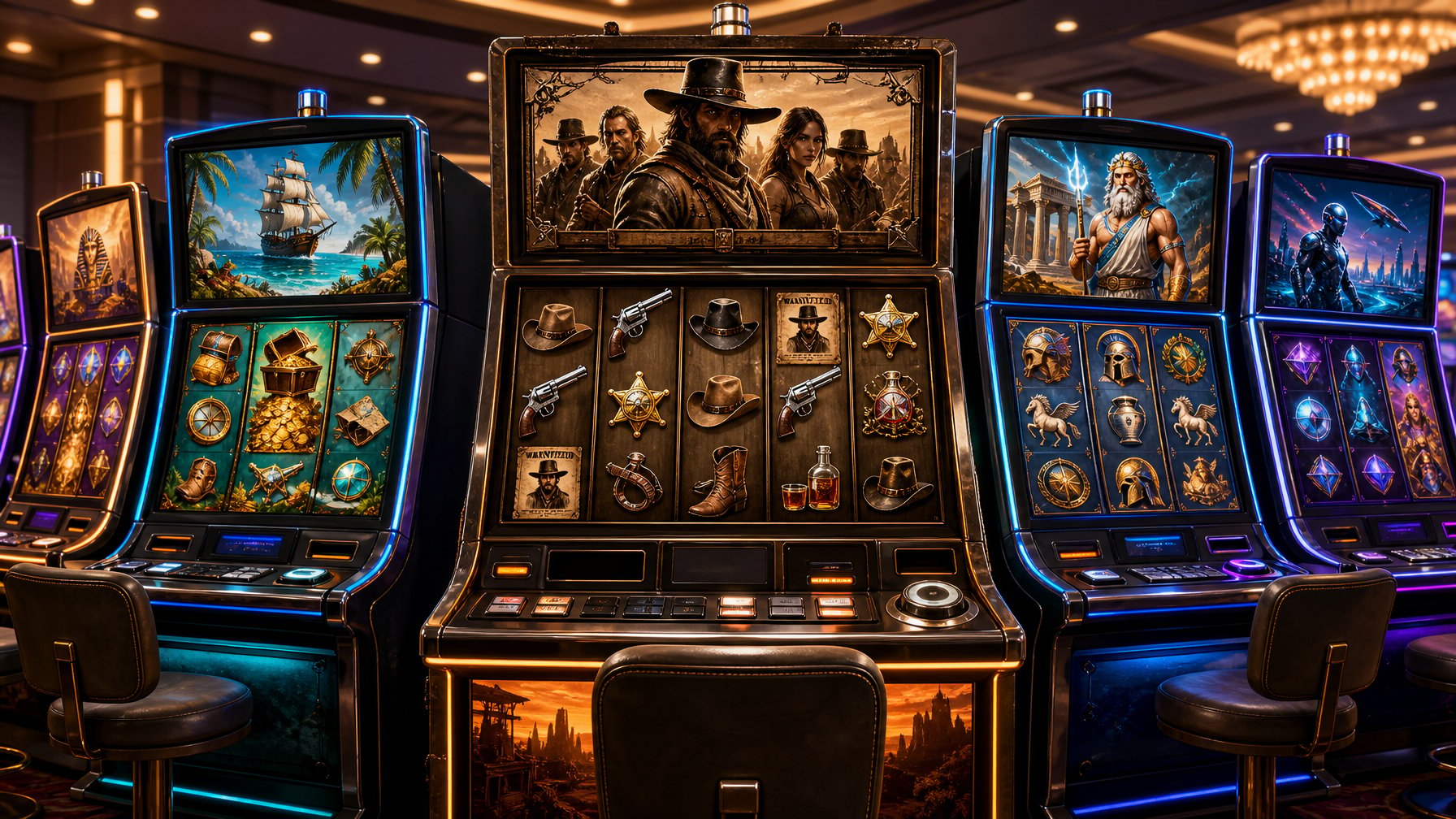 A Casino Scene Featuring A Dead Or Alive 2 Themed Slot Machine Surrounded By Other Colorful Slot Machines With Various Themes.
