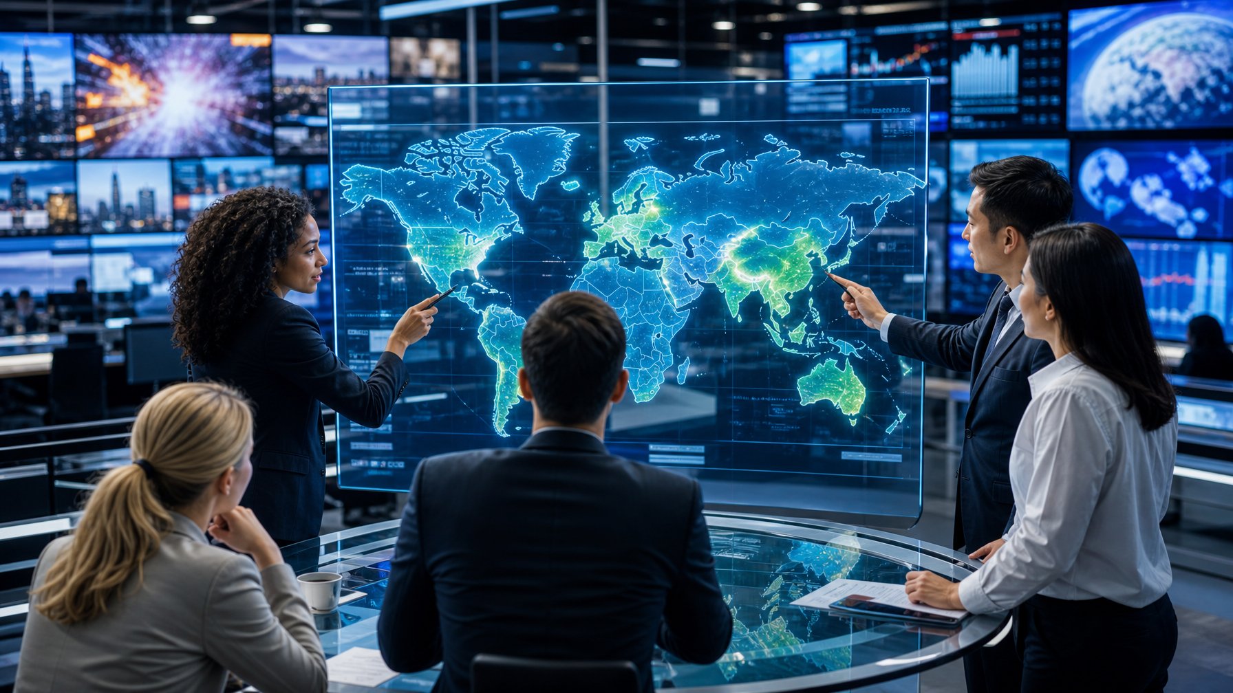 Seorang profesional dan jurnalis berdiskusi di depan peta dunia digital yang menyoroti negara-negara penting dalam perhatian global, di dalam ruangan kantor modern dengan layar berita dan data di latar belakang.