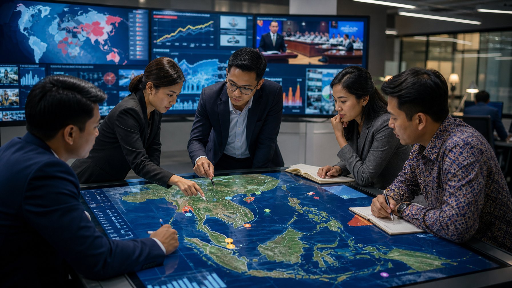 Sekelompok profesional Asia Tenggara sedang berdiskusi di ruang kantor modern dengan peta digital Asia Tenggara dan data geopolitik di layar.