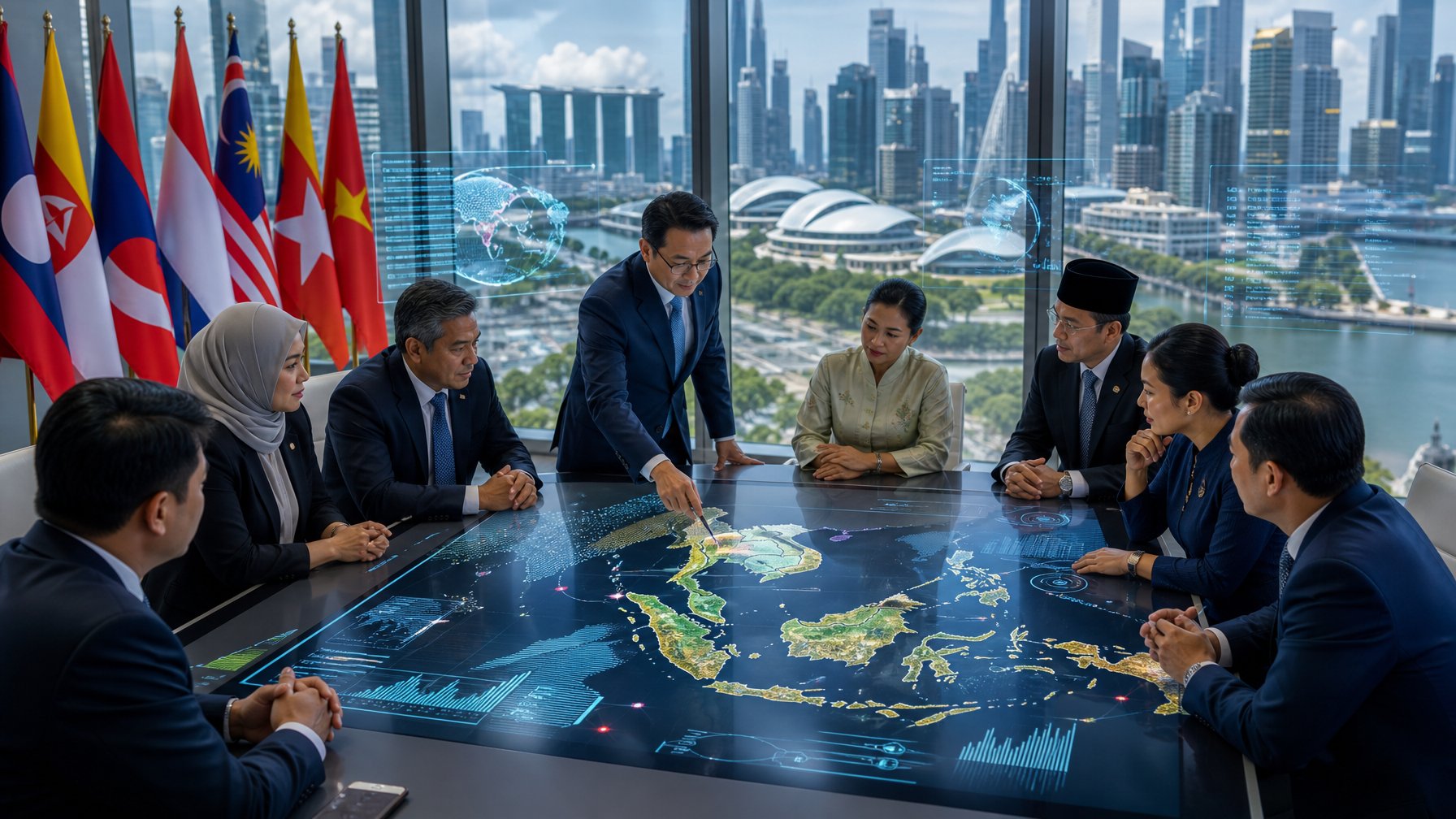 Sekelompok pemimpin bisnis dan politik Asia Tenggara sedang berdiskusi serius di ruang konferensi modern dengan pemandangan kota futuristik di luar jendela.