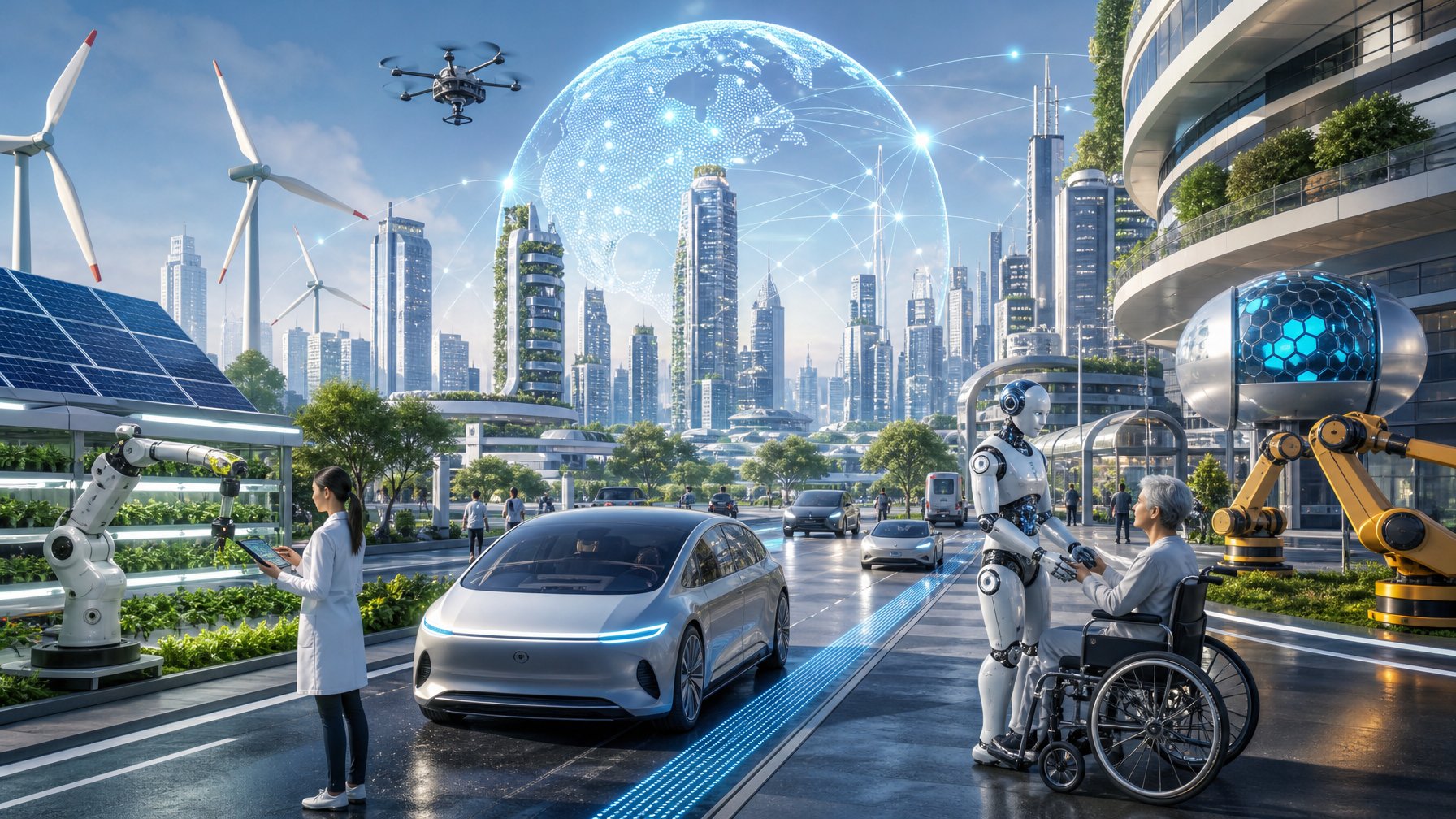 Pemandangan kota futuristik dengan teknologi kecerdasan buatan yang digunakan di berbagai sektor seperti transportasi, kesehatan, dan energi hijau, menunjukkan kemajuan dan kerja sama internasional.