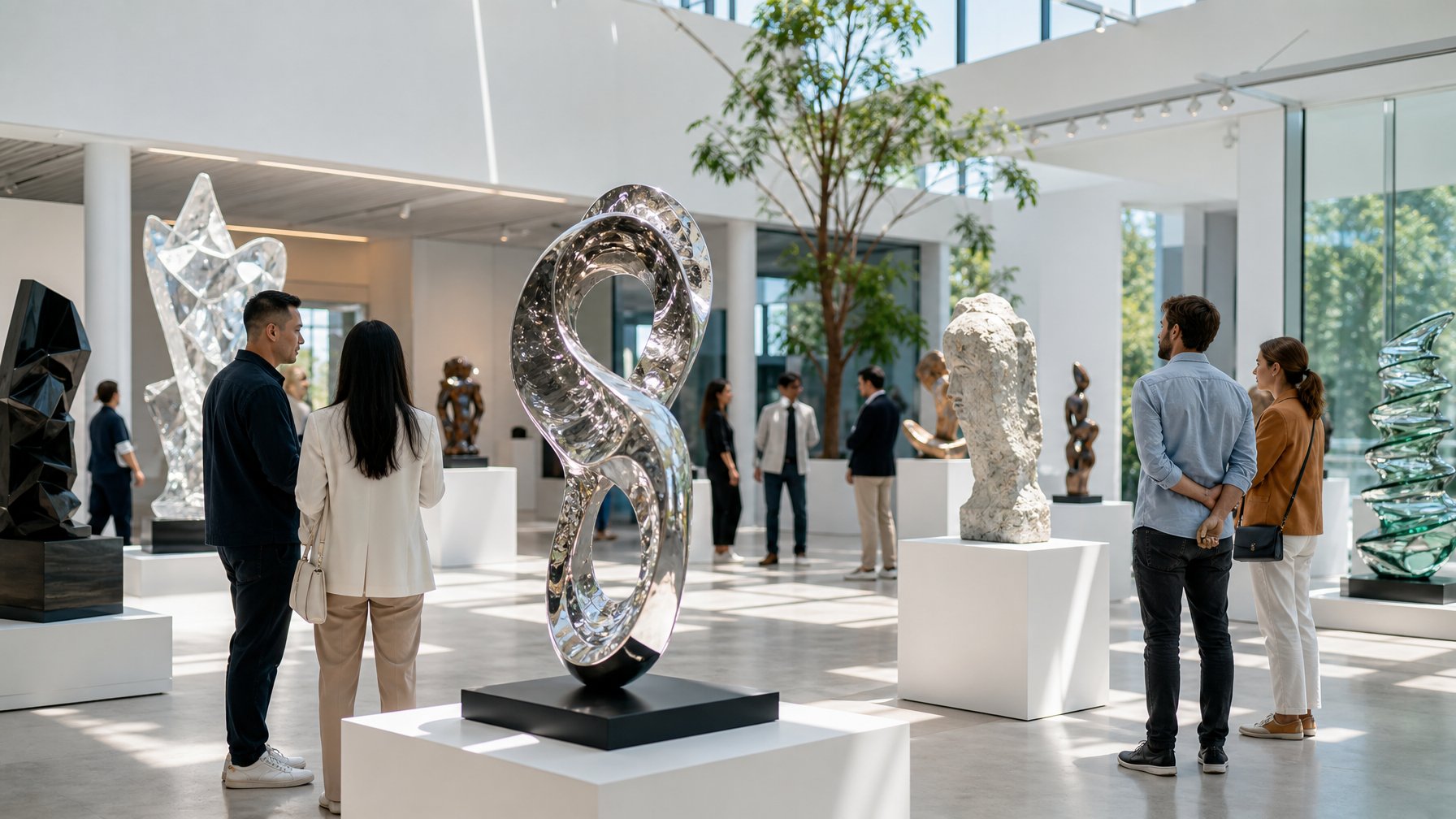 Pameran seni patung kontemporer dengan beberapa patung abstrak di galeri modern, pengunjung sedang melihat dan berdiskusi.
