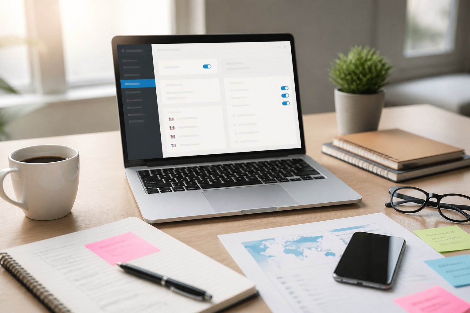 Ein moderner Arbeitsplatz mit einem Laptop, auf dem eine Website-Übersetzung bearbeitet wird, umgeben von Notizen und einer Kaffeetasse.