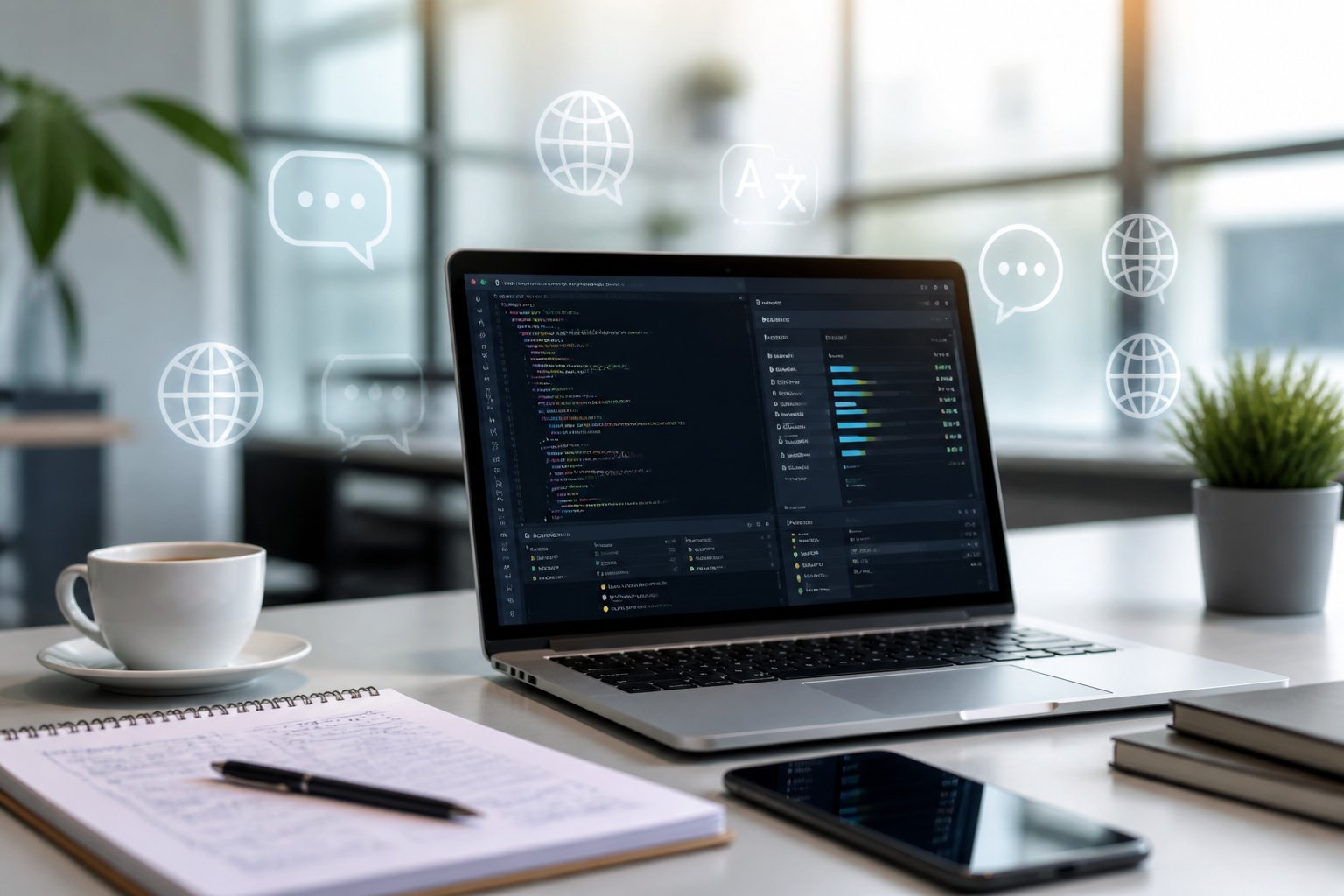 Ein moderner Arbeitsplatz mit einem Laptop, auf dem Programmier- und Übersetzungssoftware geöffnet sind, umgeben von Notizen, einem Smartphone und einer Kaffeetasse auf einem sauberen Schreibtisch in einem hellen Büro.