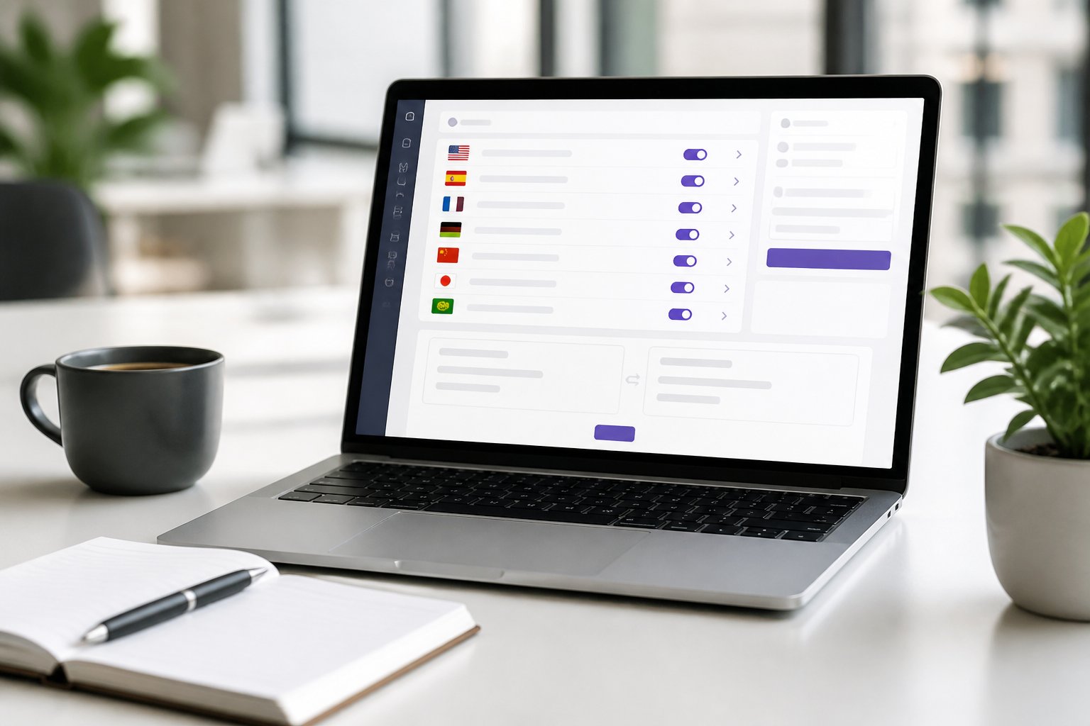 Ein moderner Arbeitsplatz mit einem Laptop, auf dem eine Benutzeroberfläche zur Spracheinstellung und Übersetzungsaktualisierung angezeigt wird, umgeben von einem Notizbuch, einem Stift und einer Kaffeetasse auf einem sauberen Schreibtisch.