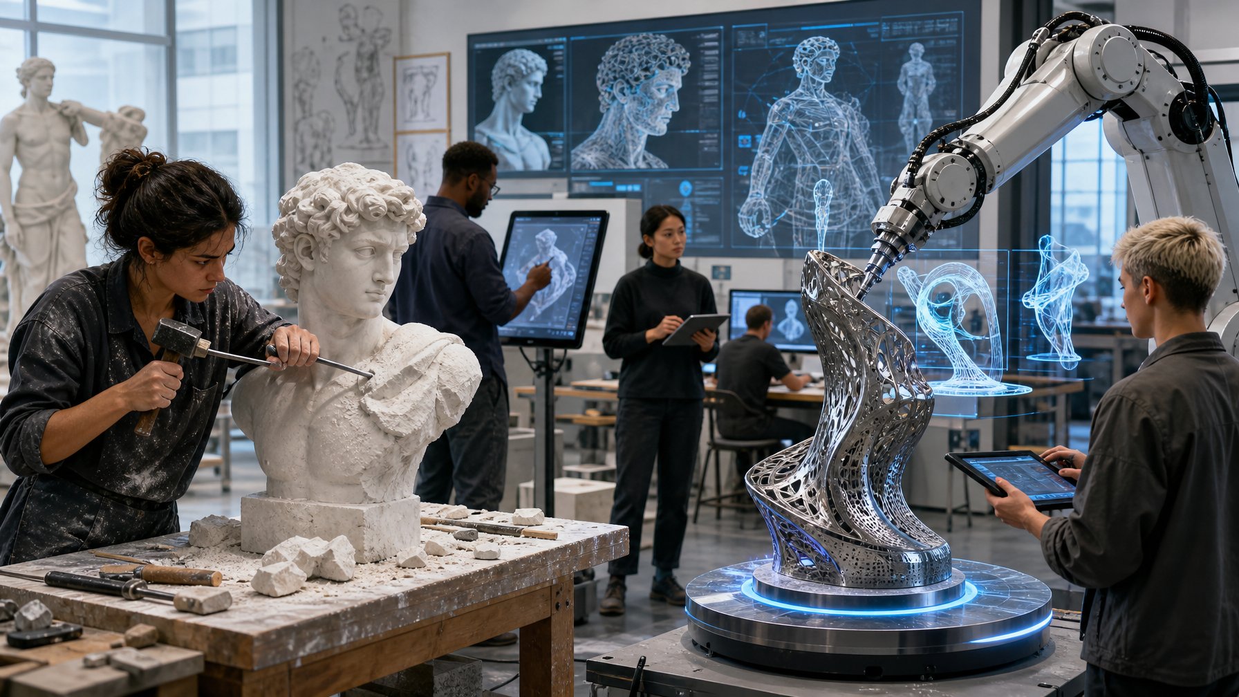 Sebuah studio seni dengan seniman yang memahat patung tradisional dan robot yang membuat patung futuristik, menunjukkan perpaduan teknik seni patung klasik dan teknologi AI.