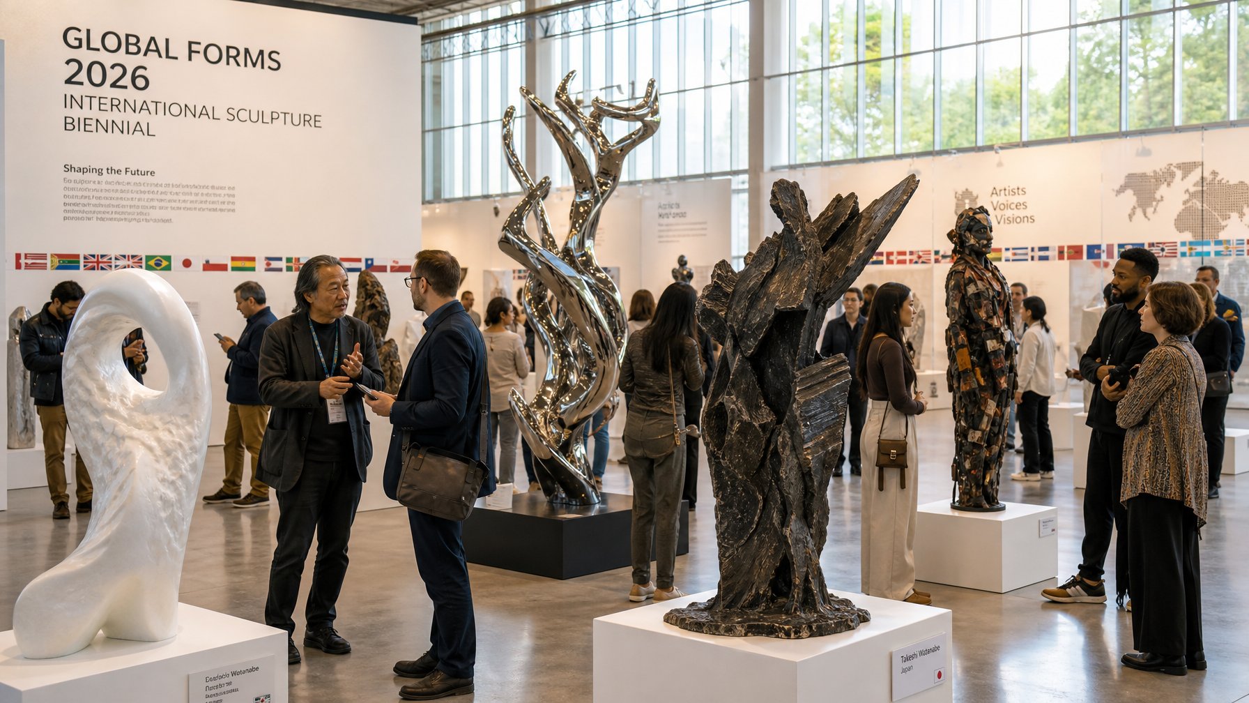Pameran seni patung kontemporer internasional dengan berbagai patung besar dan pengunjung yang melihat karya seni.