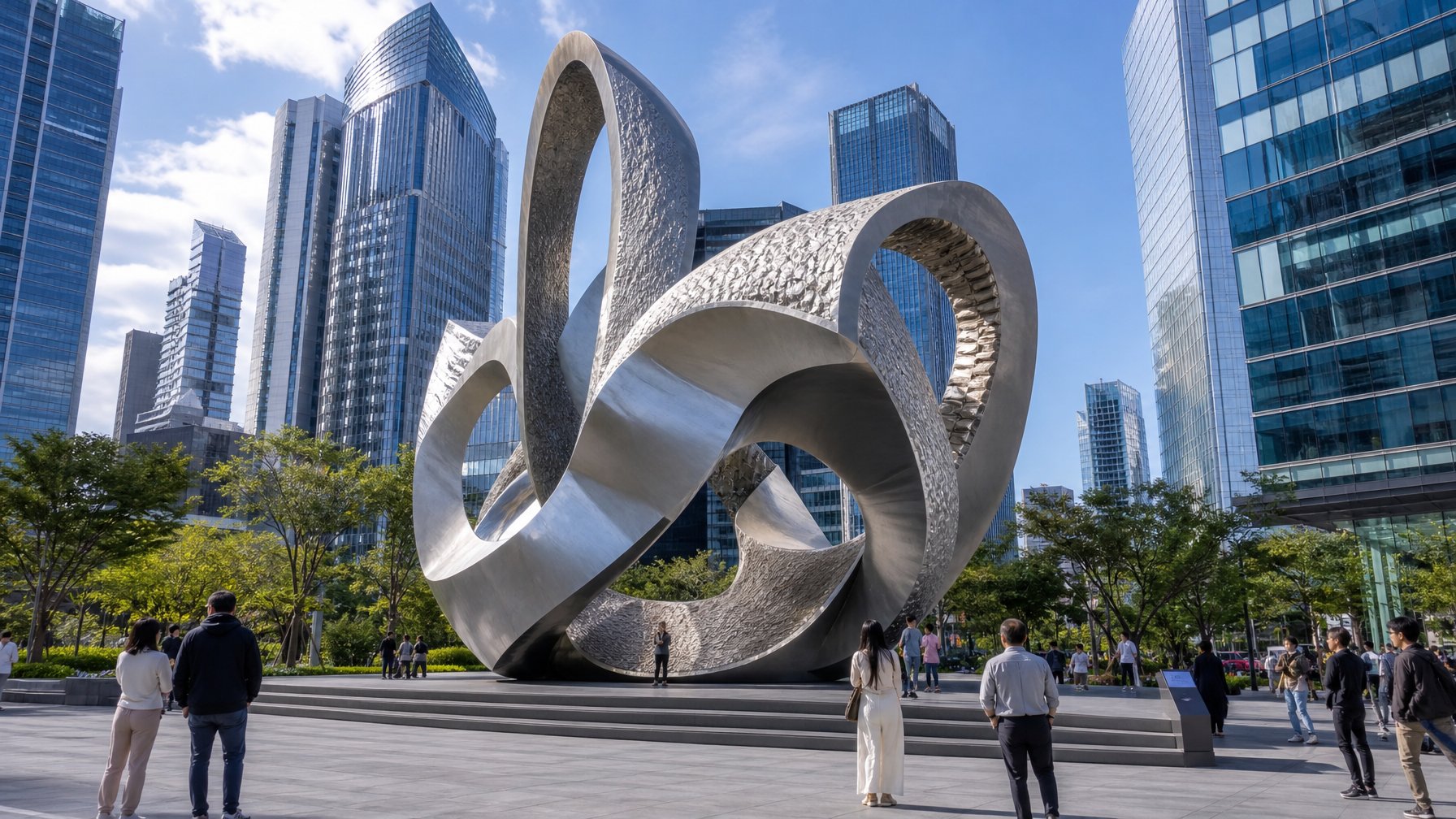 Patung publik besar dan modern di tengah plaza kota dengan gedung pencakar langit dan orang-orang yang mengagumi karya seni tersebut.