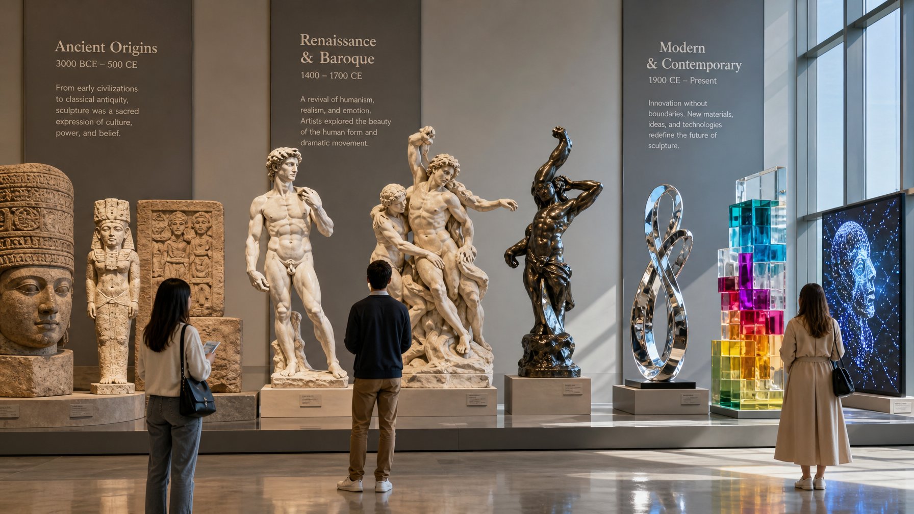 Galeri museum dengan patung-patung dari masa lampau hingga modern, menampilkan berbagai gaya dan bahan seni patung.