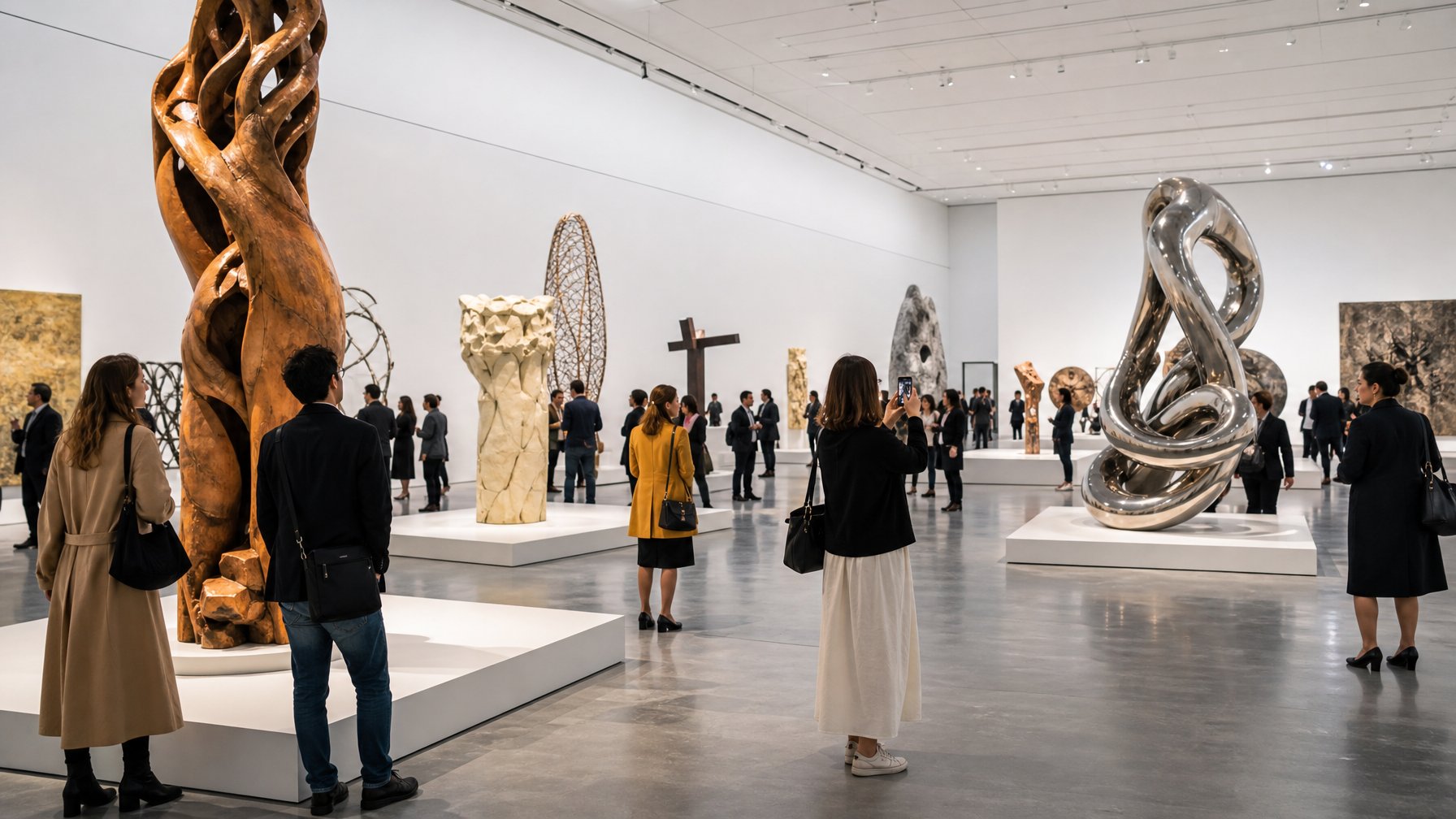 Pameran seni patung internasional dengan pengunjung yang mengamati berbagai patung besar di galeri modern.