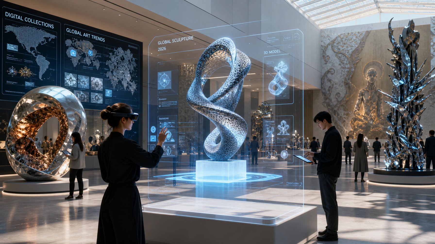 Galeri seni modern dengan patung futuristik dan tampilan holografik digital, menampilkan interaksi antara seniman dan pengunjung.
