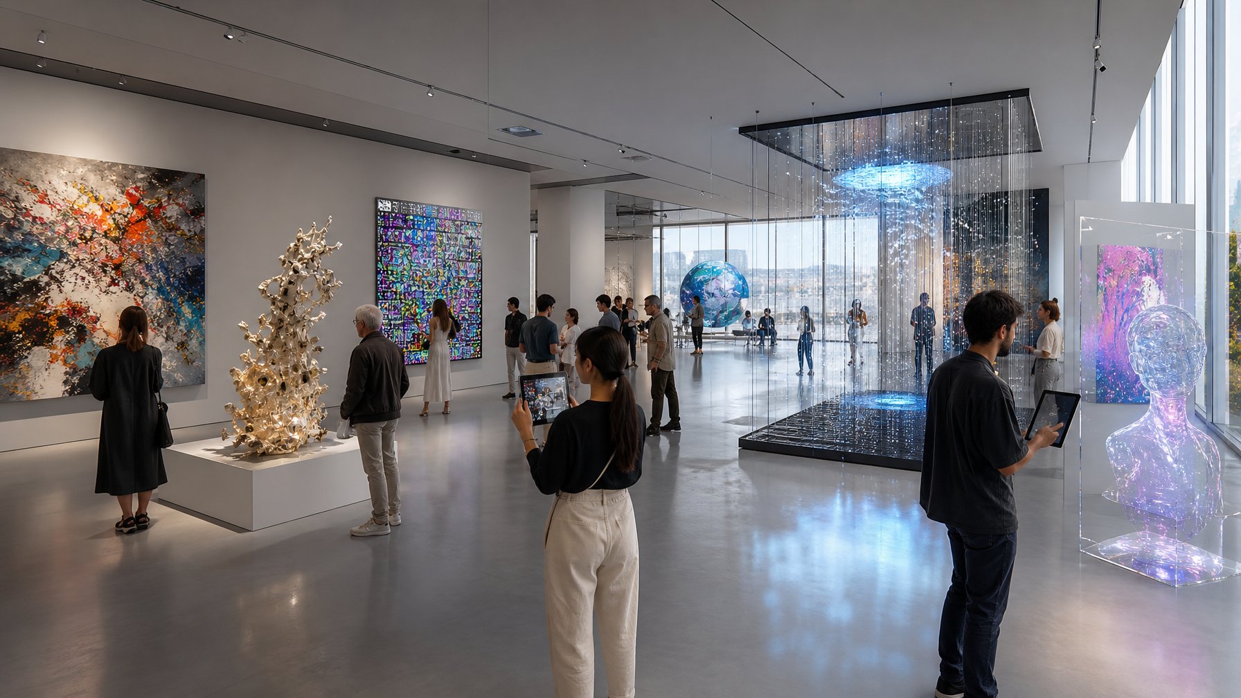 Pameran seni modern dengan berbagai karya seni dan pengunjung yang berinteraksi di dalam galeri yang terang dan luas.