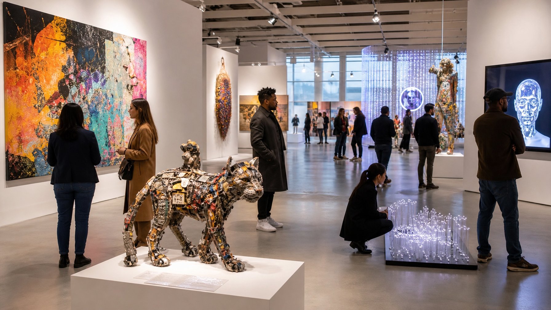 Suasana galeri seni modern dengan berbagai karya seni kontemporer dan pengunjung yang mengamati dan berdiskusi.