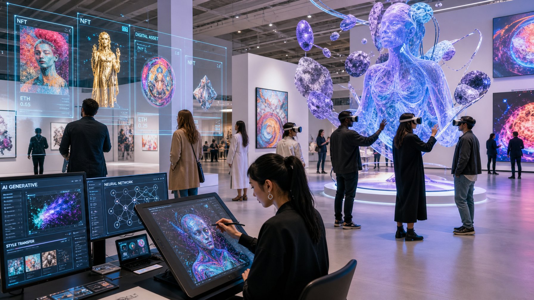 Pengunjung di galeri seni modern berinteraksi dengan karya seni digital dan fisik, termasuk hologram, seni NFT, dan instalasi realitas virtual.
