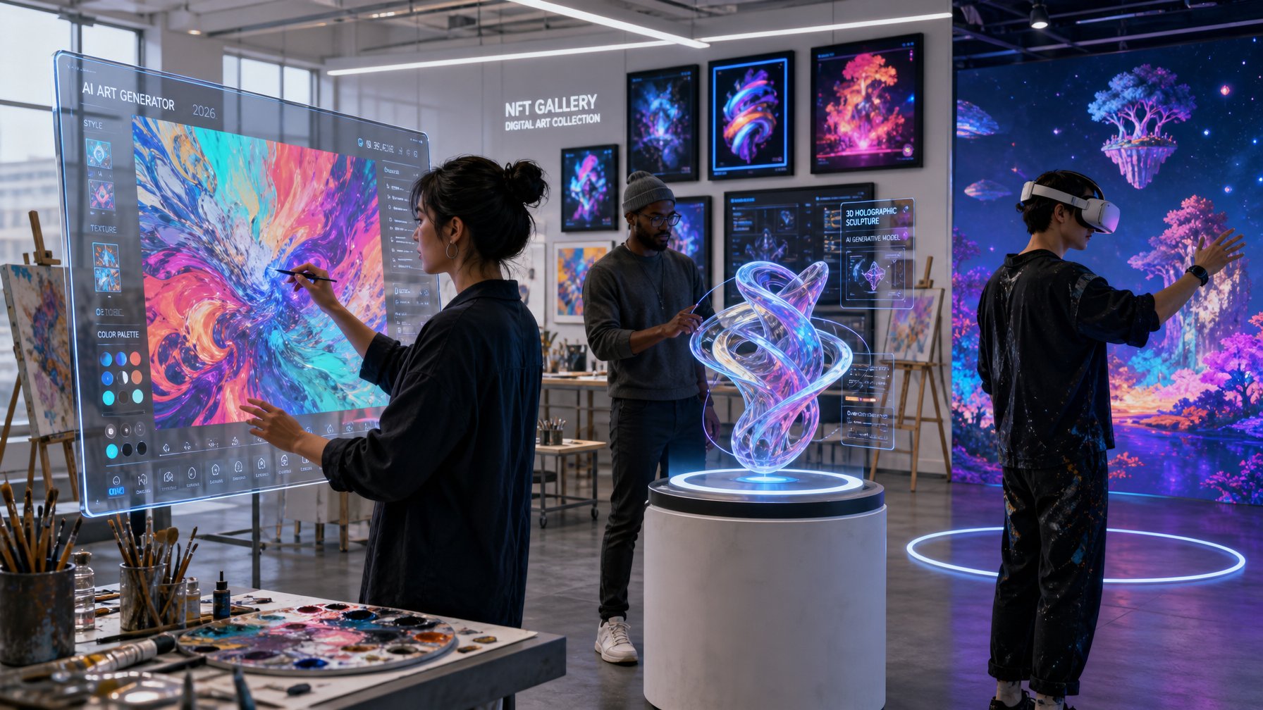 Sejumlah seniman bekerja dengan alat digital canggih di studio seni, termasuk layar sentuh transparan, patung holografik, dan perangkat realitas virtual, dengan karya seni digital berwarna-warni di latar belakang.