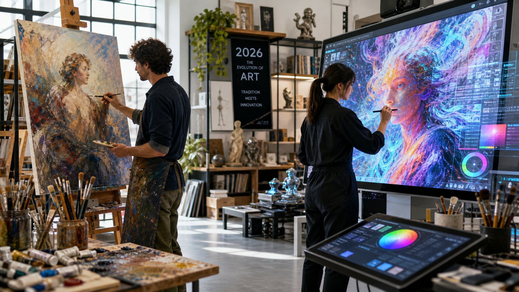 Seorang pelukis tradisional dan seorang seniman digital bekerja berdampingan di studio seni yang modern.
