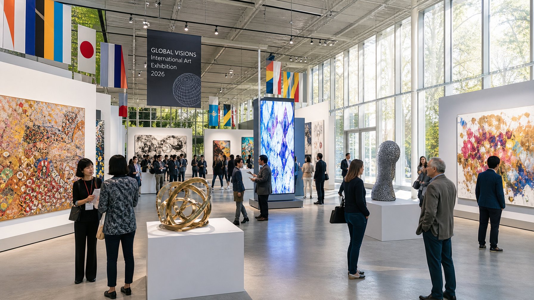 Pameran seni internasional dengan berbagai karya seni dan pengunjung yang mengamati di sebuah galeri modern.