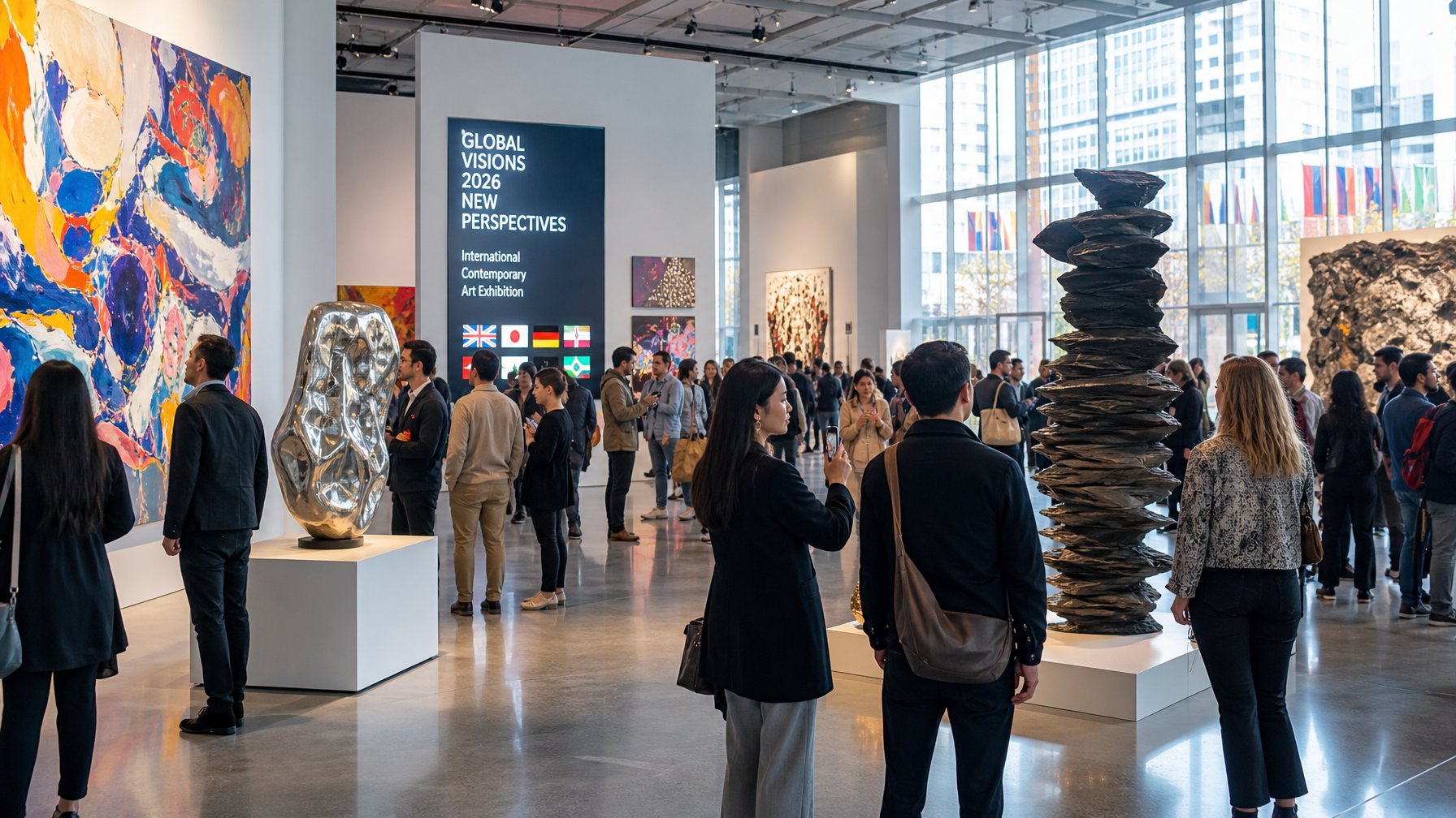 Pameran seni internasional dengan pengunjung yang mengamati karya seni di galeri modern.
