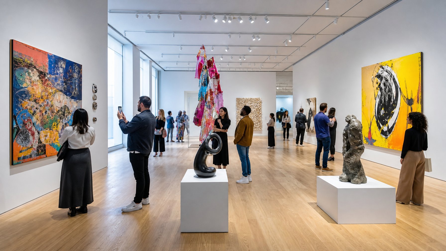 Interior galeri seni dengan berbagai karya seni dan pengunjung yang sedang melihat pameran.