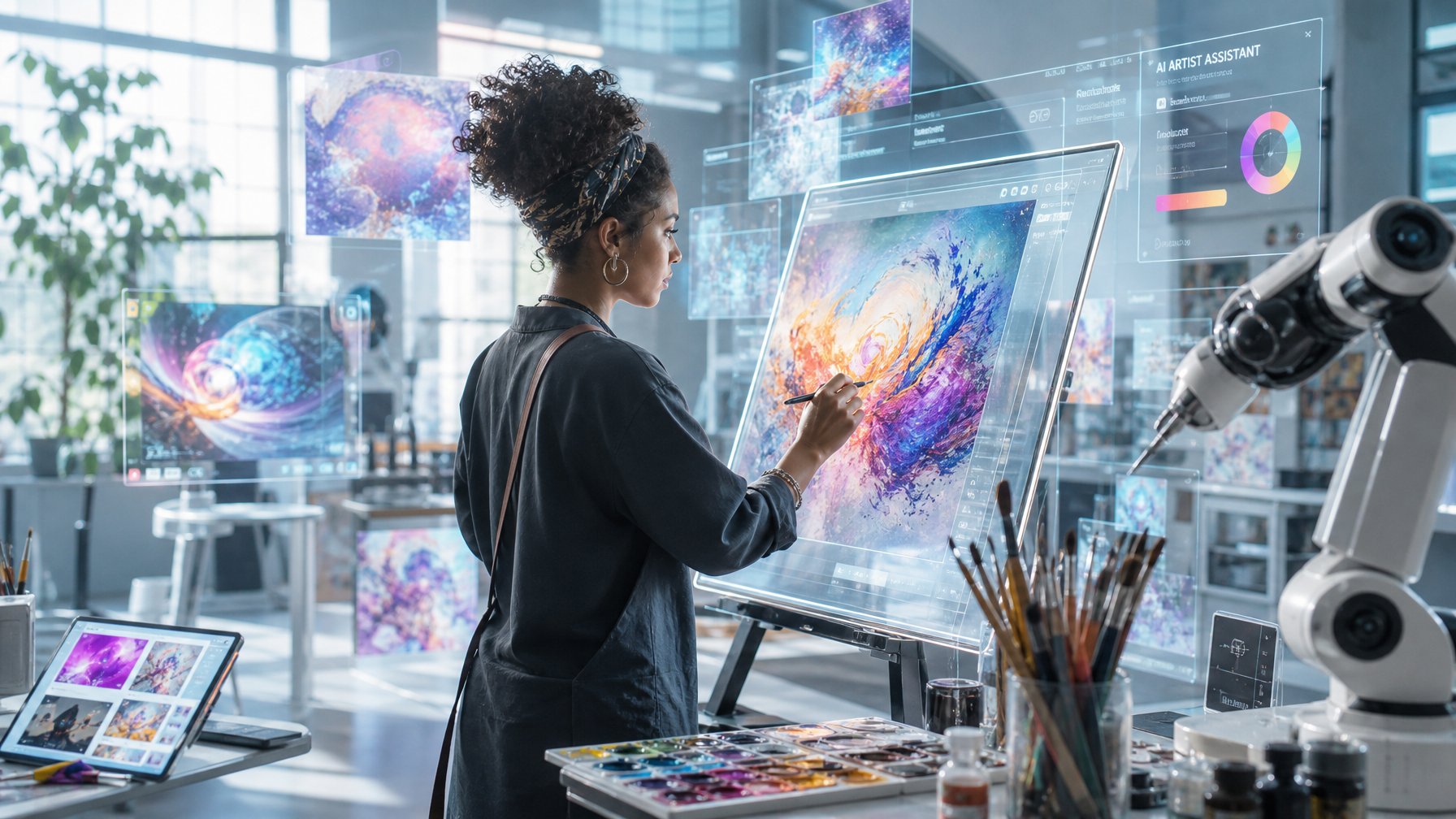 Seorang seniman sedang bekerja di studio seni futuristik dengan teknologi kecerdasan buatan, dikelilingi oleh karya seni digital dan alat seni tradisional.