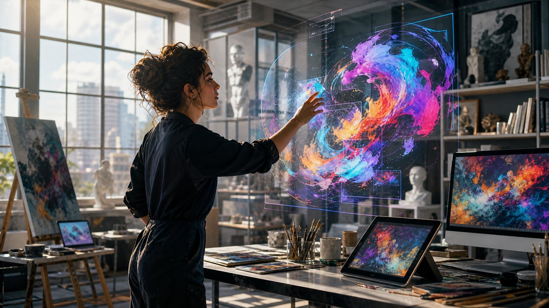 Seorang seniman sedang bekerja di studio modern dengan alat digital dan cat tradisional, berinteraksi dengan antarmuka holografik yang menampilkan bentuk abstrak berwarna-warni.