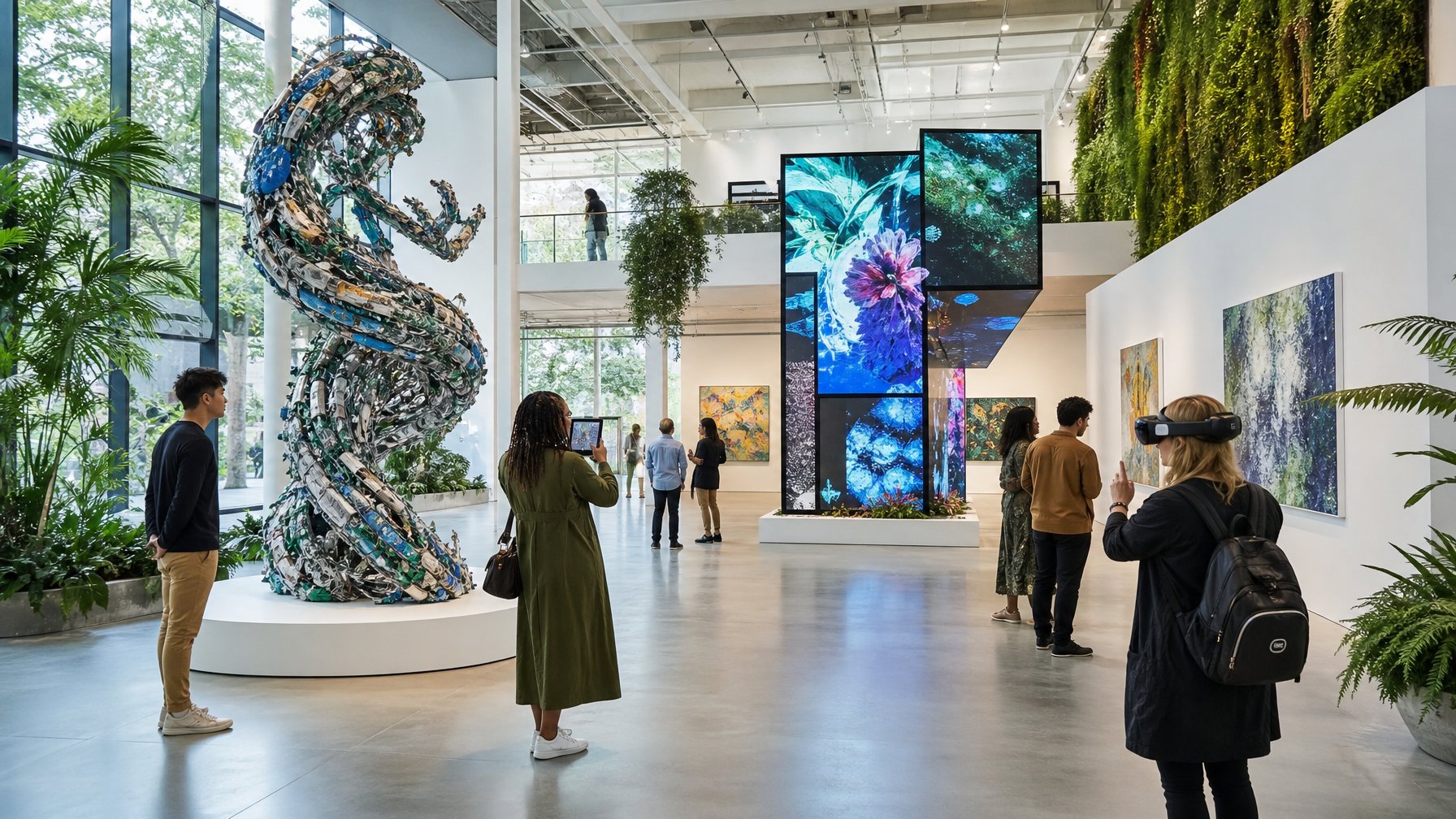 Pameran seni kontemporer dengan berbagai karya seni ramah lingkungan dan pengunjung yang sedang mengamati karya tersebut di sebuah galeri terang dan luas.