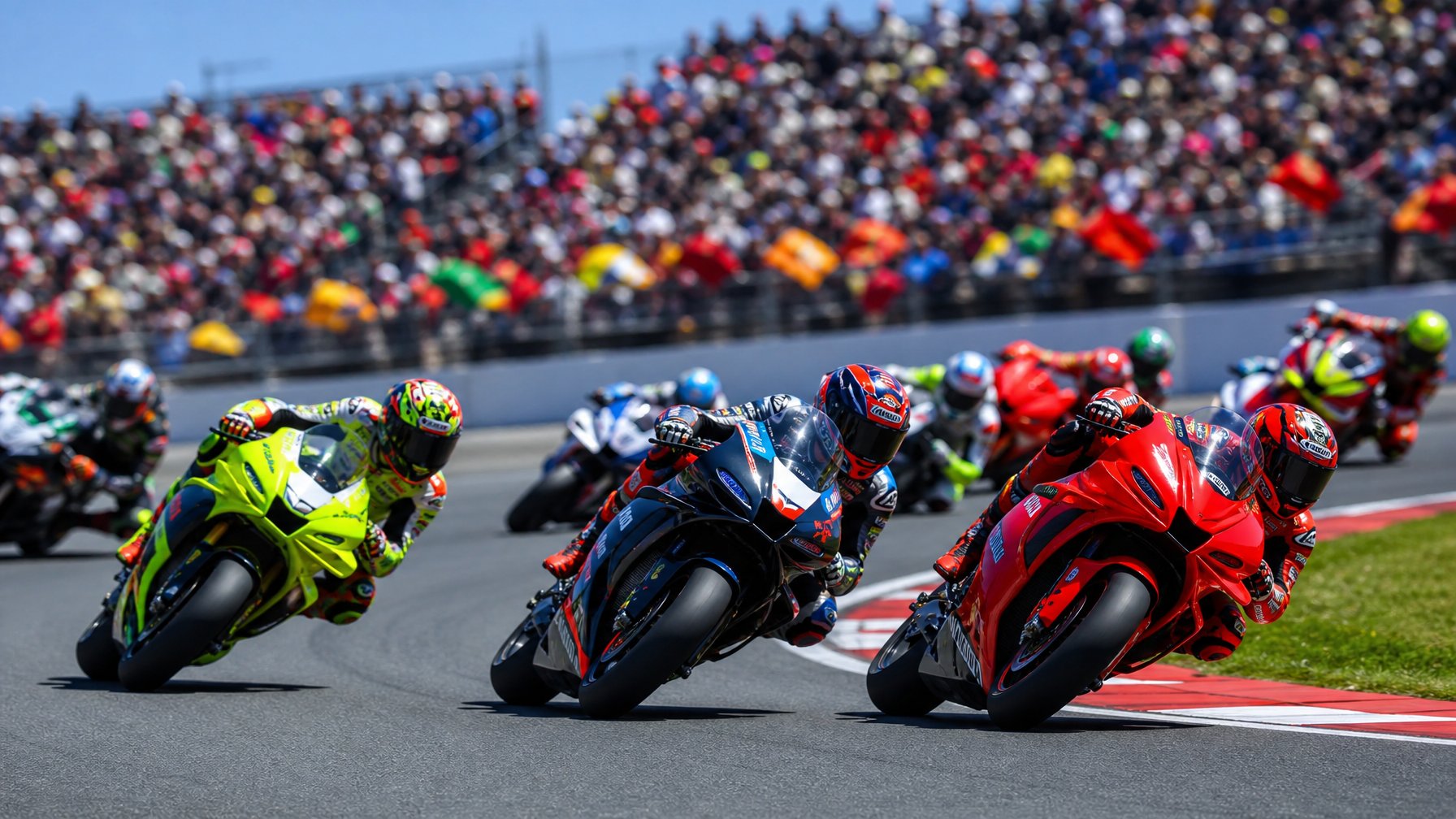 Beberapa pembalap MotoGP sedang berbelok tajam di lintasan balap dengan penonton dan langit cerah di latar belakang.